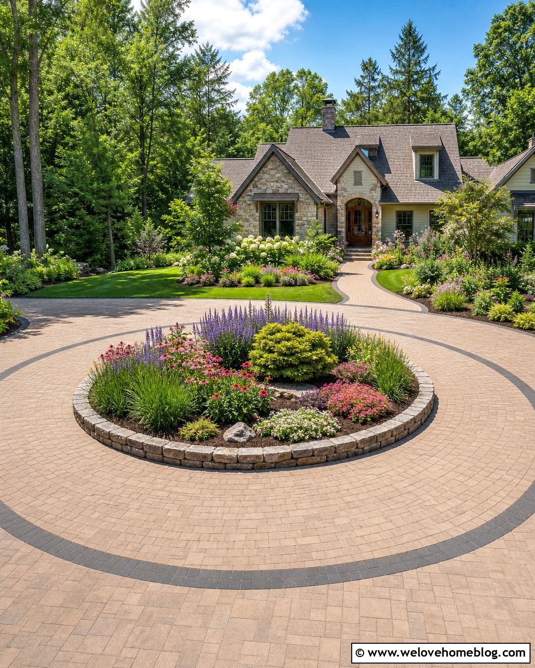 Roundabout Driveway With Layered Flower Garden - 35 Roundabout Driveway Ideas