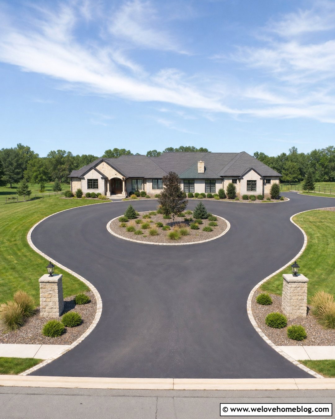 Roundabout Driveway With Low Maintenance Landscaping - 35 Round About Driveway Ideas