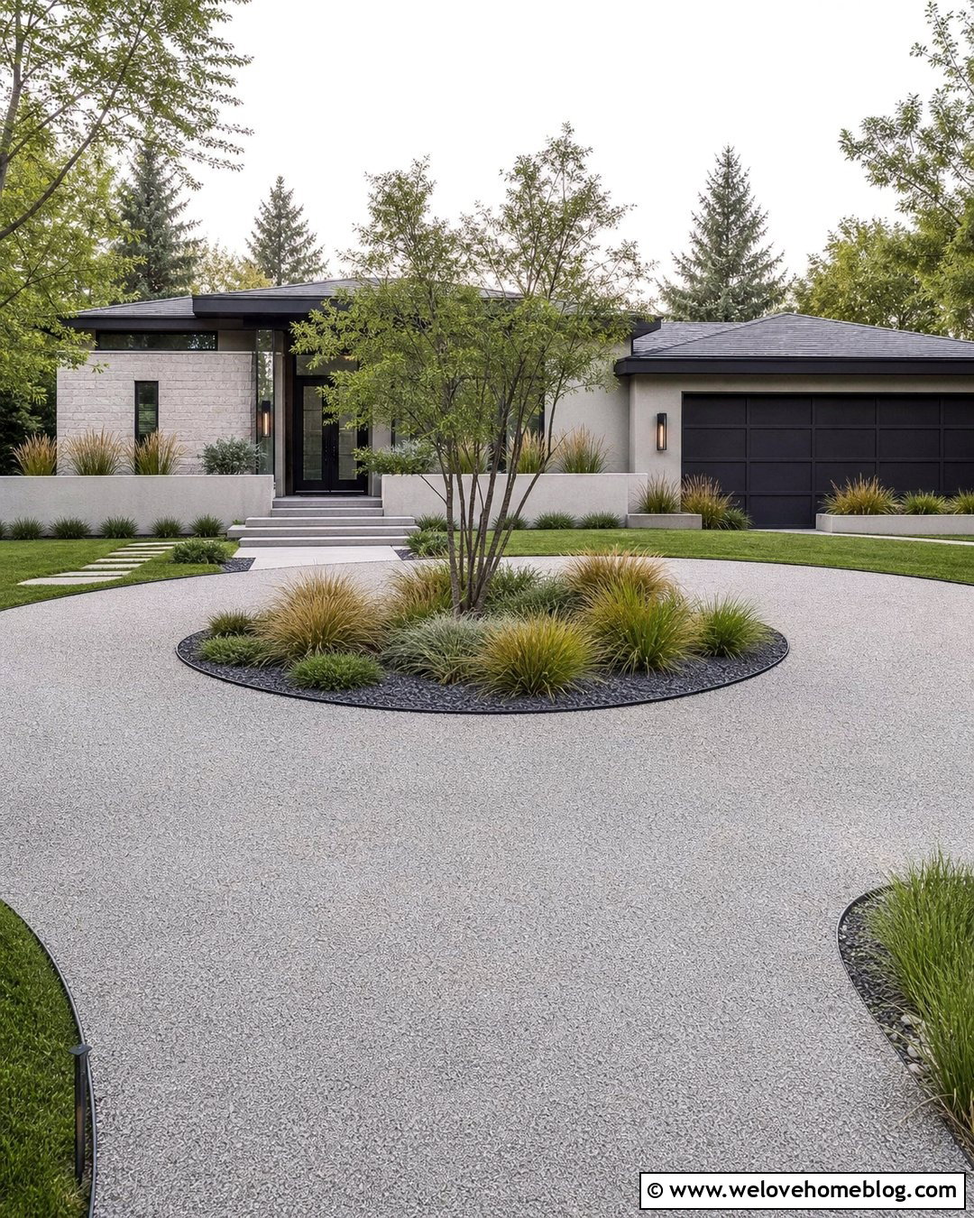 Roundabout Driveway With Ornamental Grass Island - 35 Round About Driveway Ideas