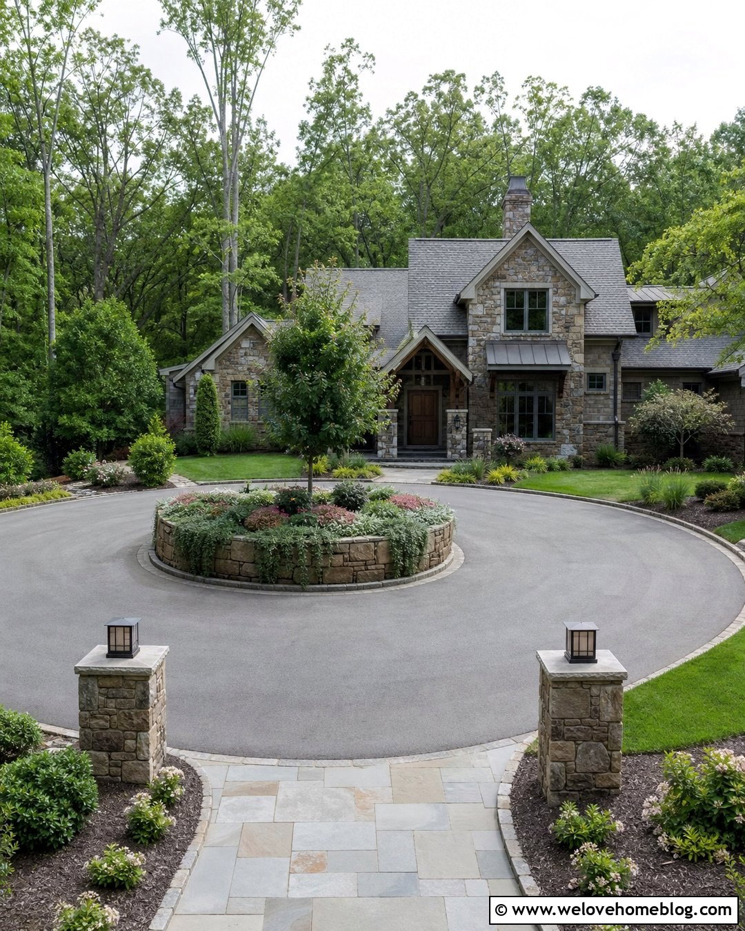 Roundabout Driveway With Raised Stone Island - 35 Round About Driveway Ideas