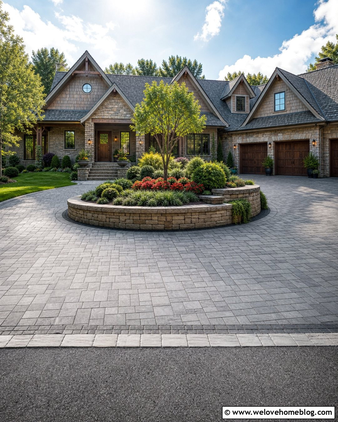 Roundabout Driveway With Raised Stone Island - 20 roundabout driveway landscaping ideas