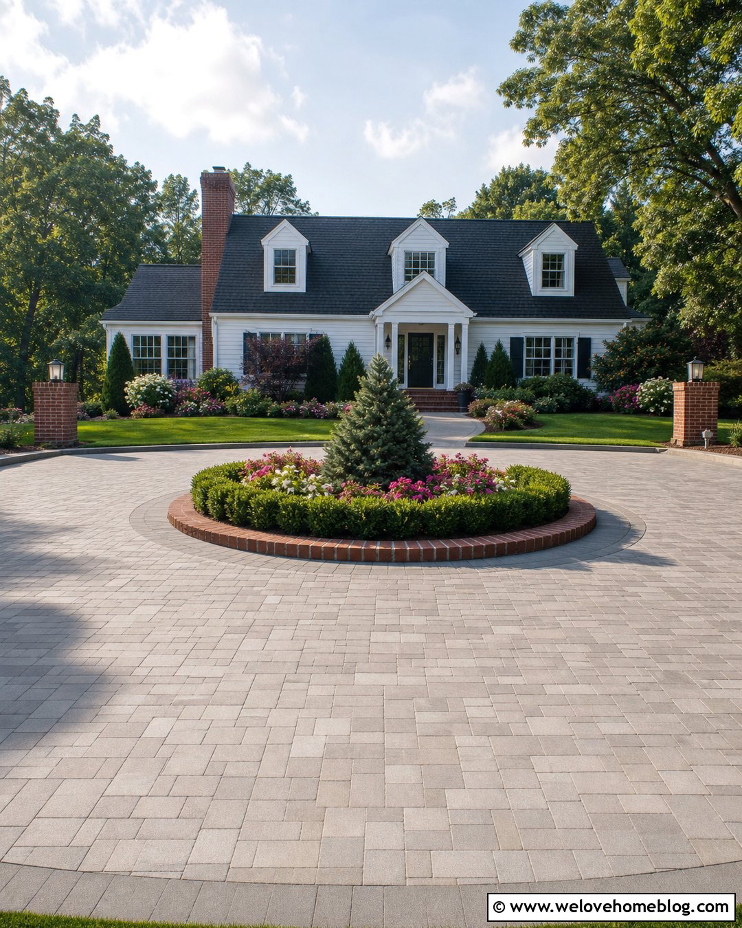 Roundabout Driveway With Seasonal Flower Beds - 35 Round About Driveway Ideas