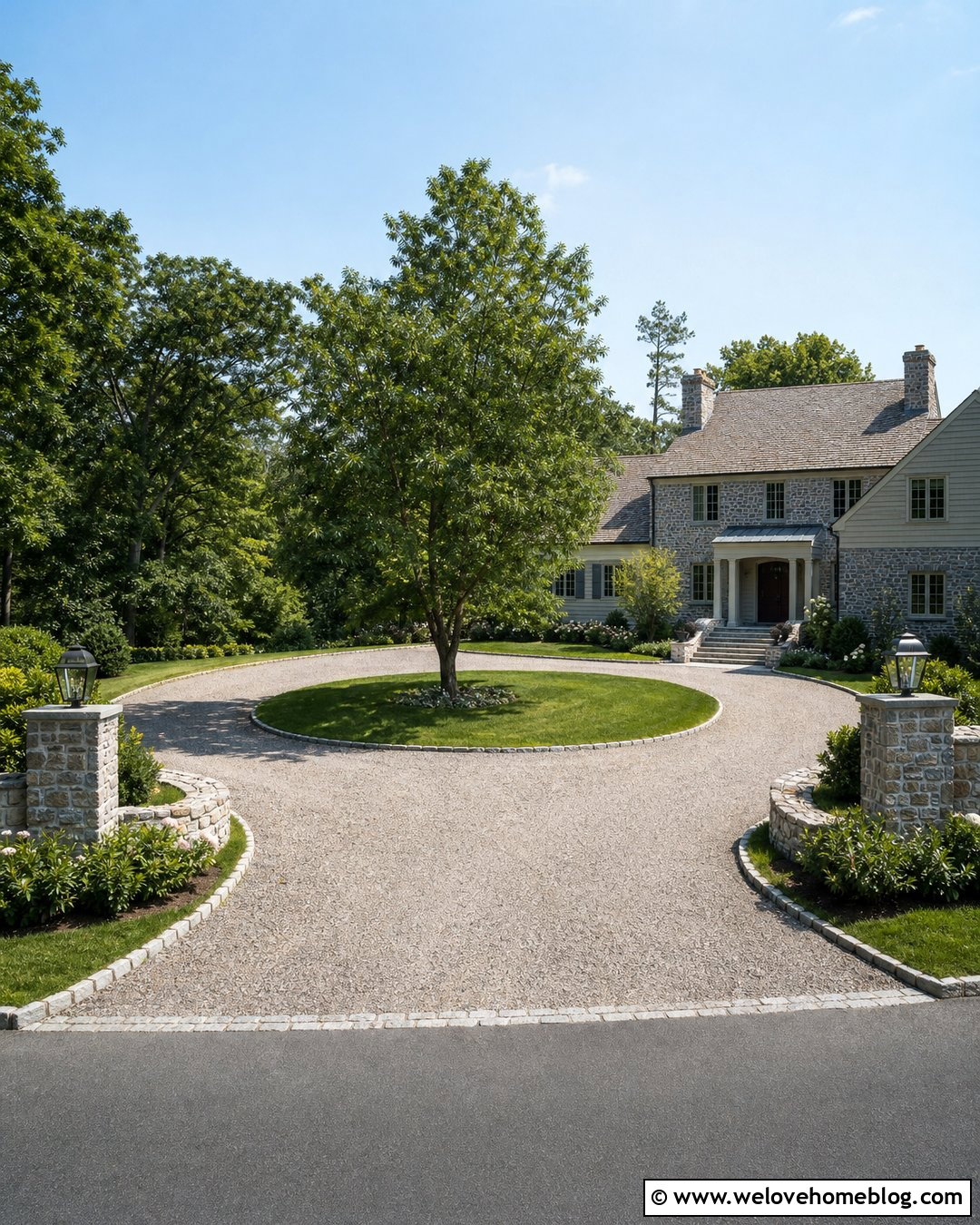 Roundabout Driveway With Stone Pillars - 35 Roundabout Driveway Ideas