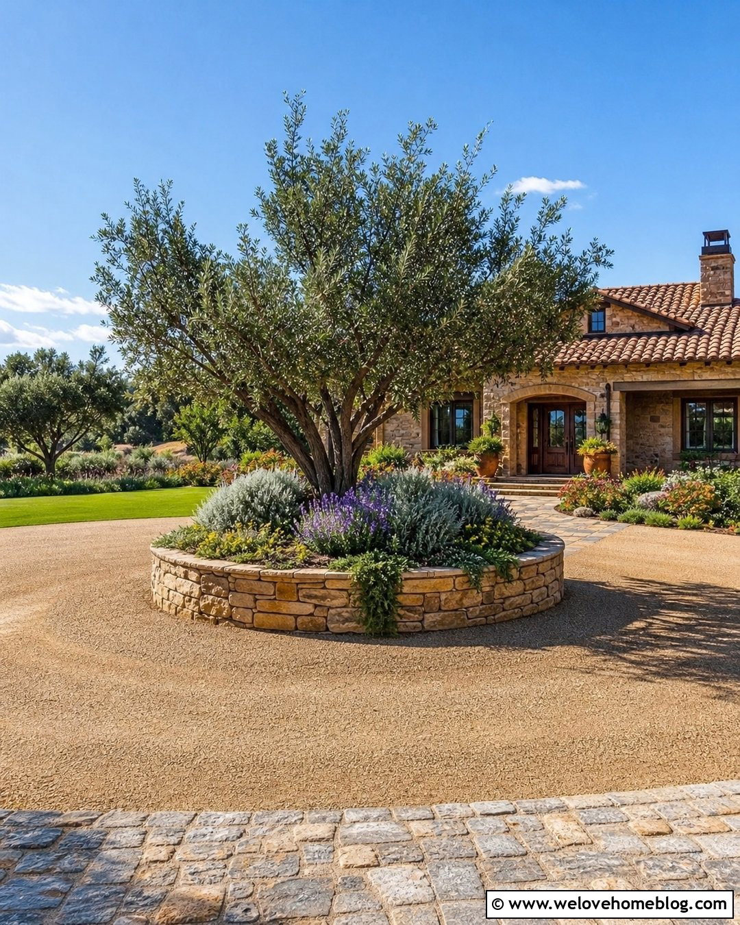 Roundabout Driveway With a Raised Stone Garden - 20 round a bout driveway landscaping ideas