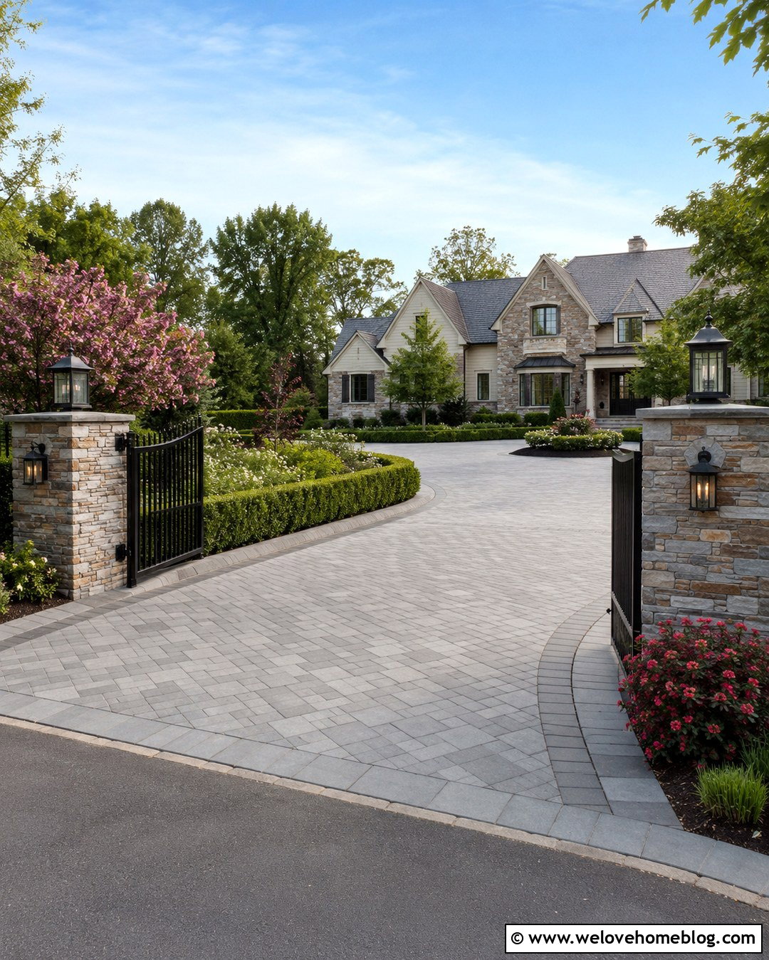 Rounded Driveway With Stone Pillars And Gate