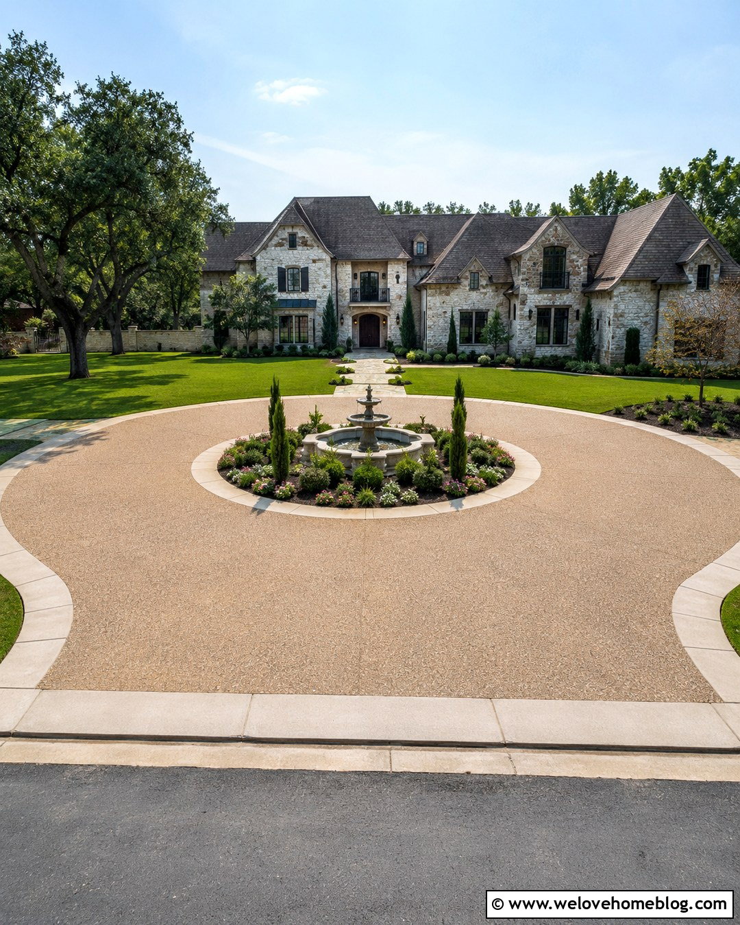 Rounded Exposed Aggregate Driveway With Fountain - 20 Rounded Driveway Ideas