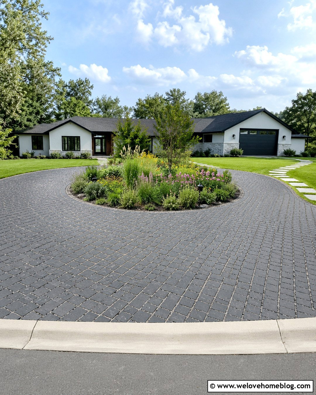 Rounded Permeable Paver Driveway With Rain Garden - 20 Rounded Driveway Ideas