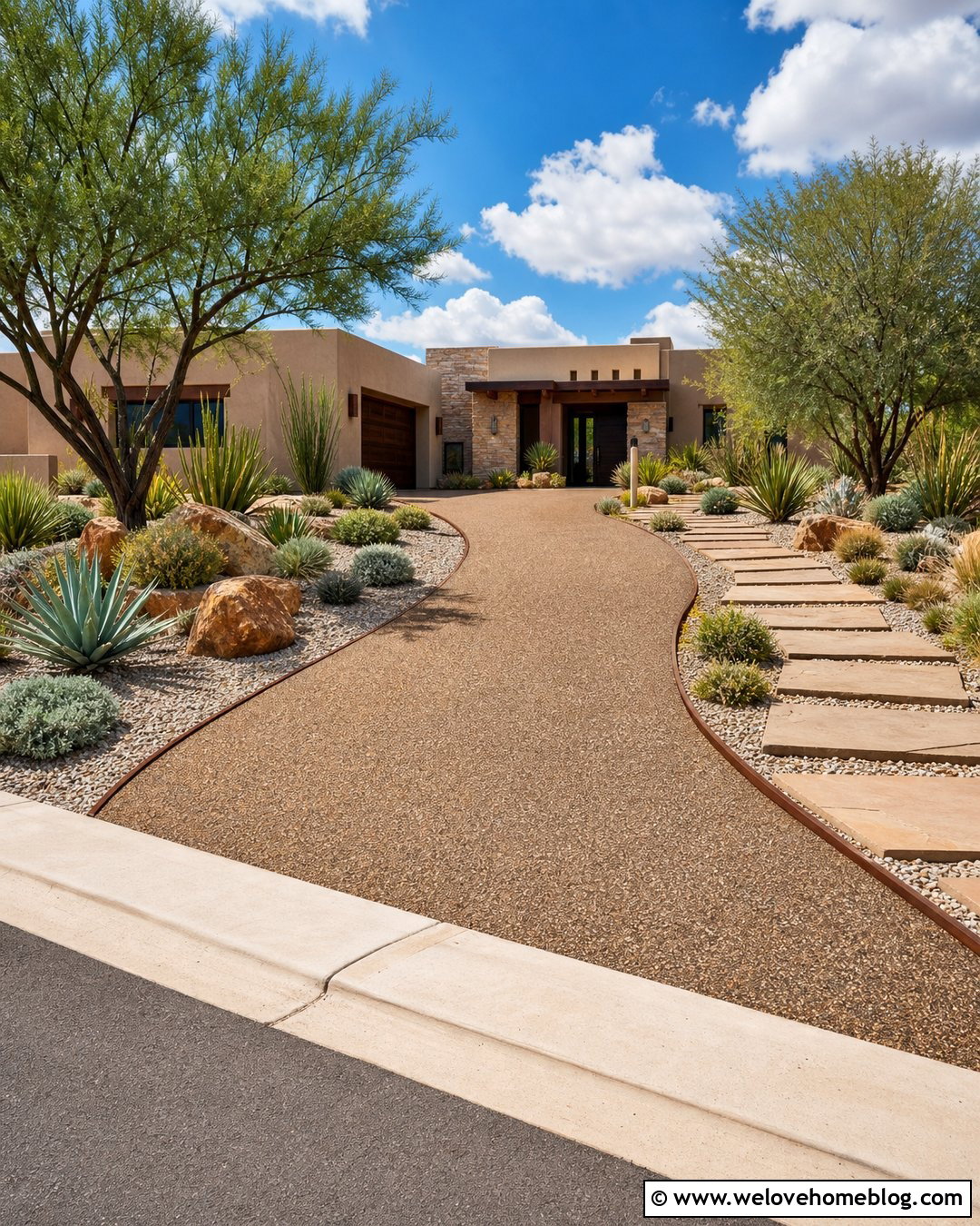 Rubber Paving Driveway With Xeriscape Landscaping - 20 Rubber Paving Driveway Ideas