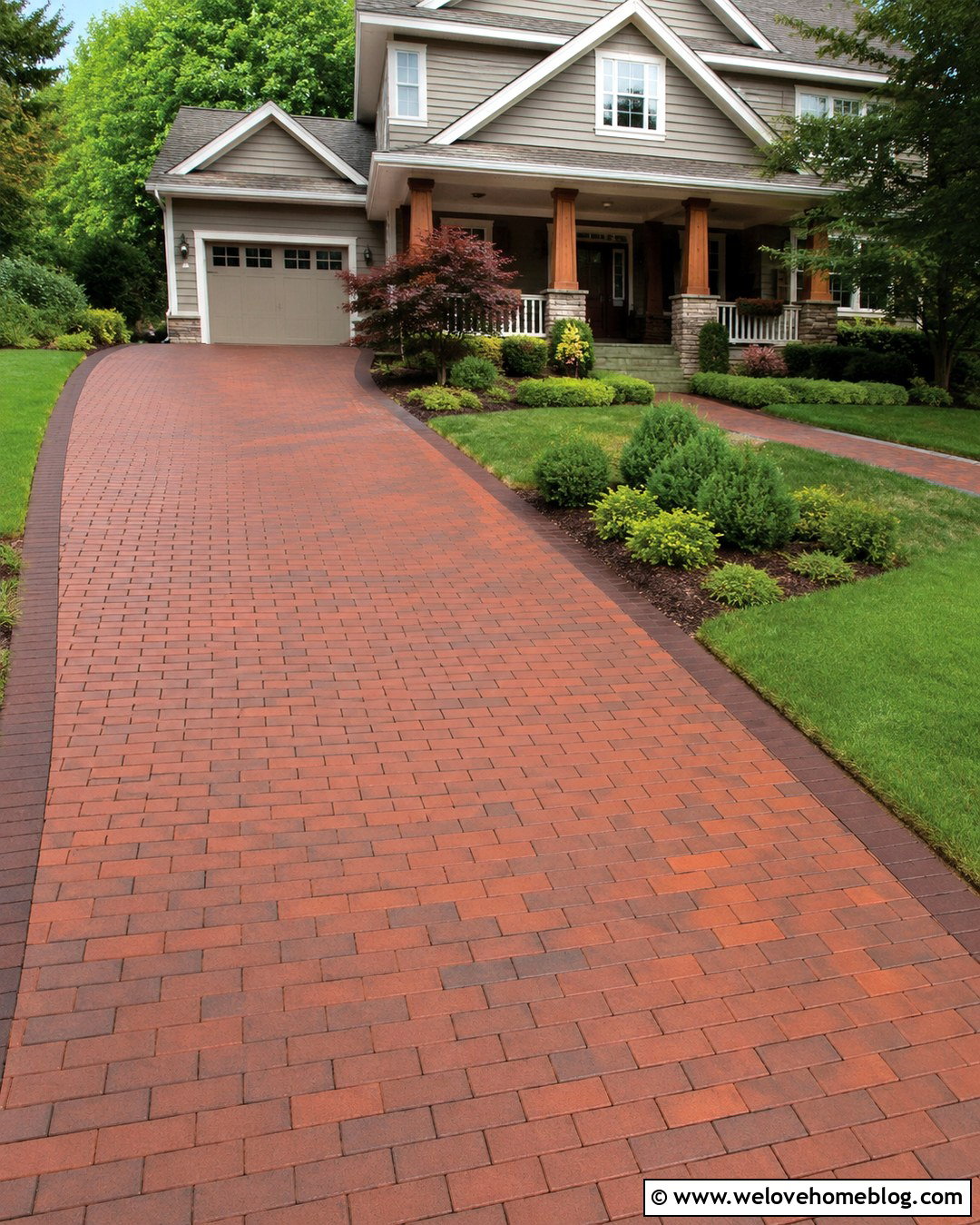 Running Bond Brick Driveway For A Craftsman Home - 20 Brick Driveway In Suburban Neighborhood Ideas
