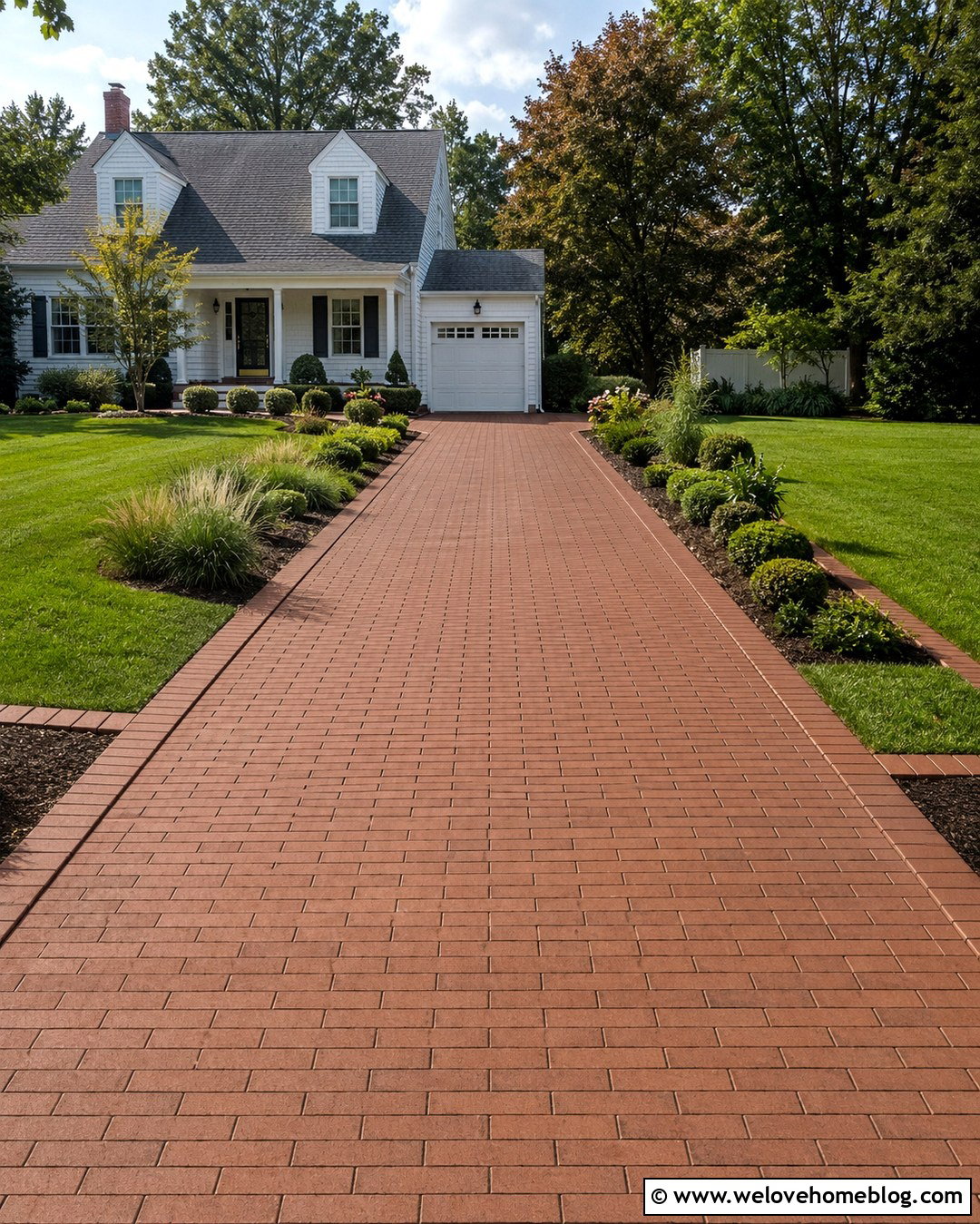 Running Bond Brick Driveway With Straight Landscaping - 20 How To Design A Brick Driveway Ideas