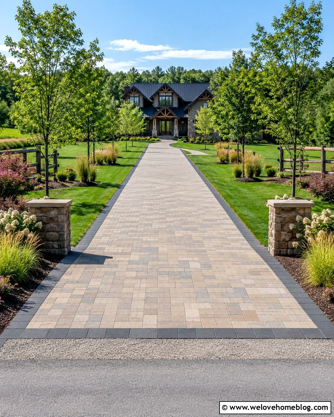 Running Bond Paver Driveway With Stone Pillars - 20 lowes pavers for driveway ideas