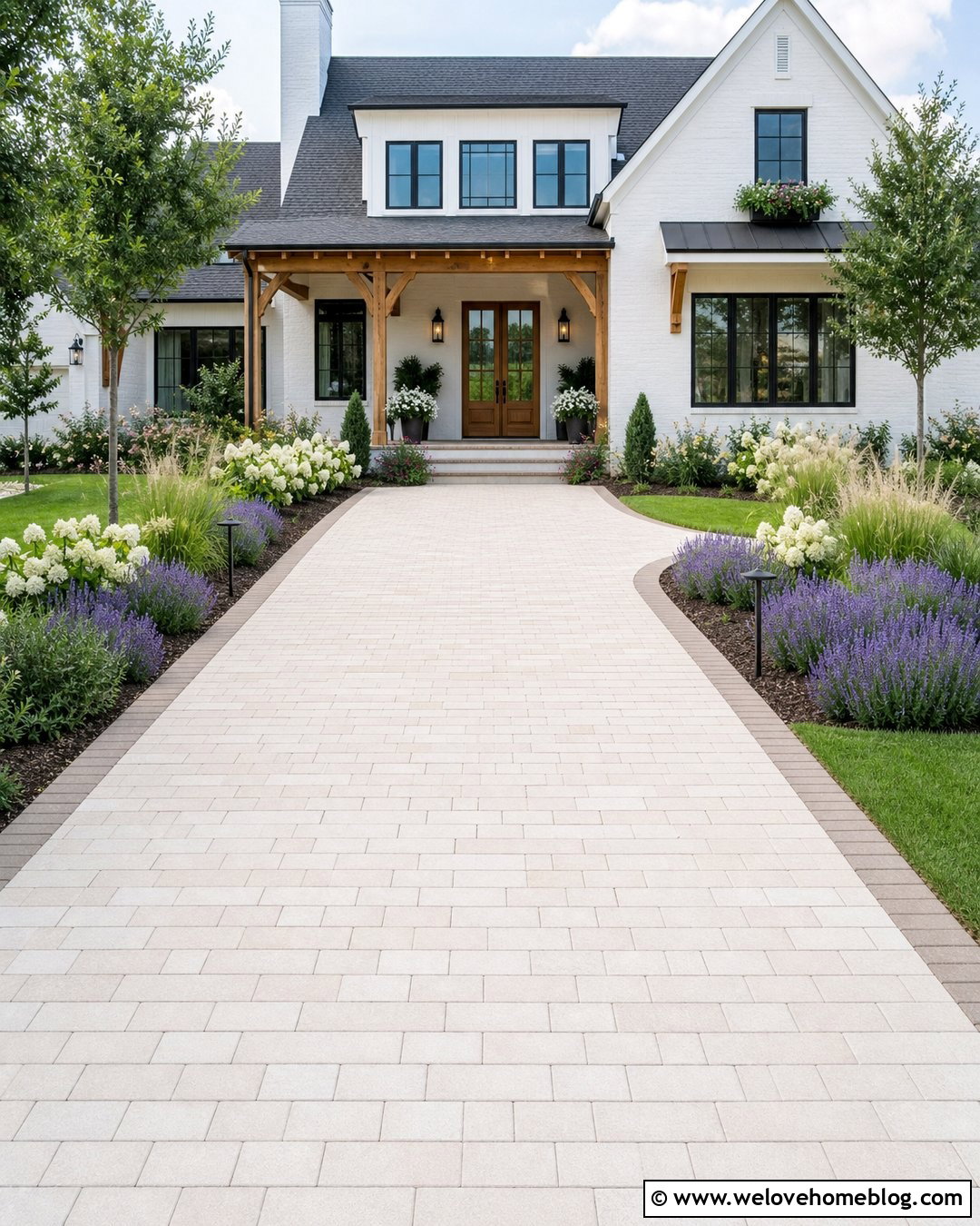 Running Bond White Brick Driveway With Farmhouse Landscaping - 20 White Brick Driveway Ideas