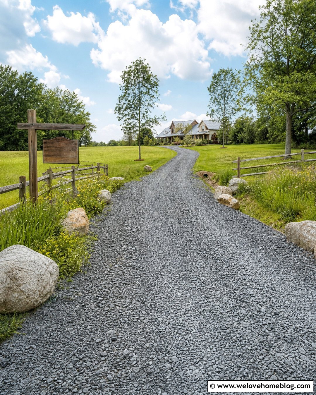 Rural Crushed Stone Driveway Entrance - 40 Driveway Entrance Curb Appeal Ideas