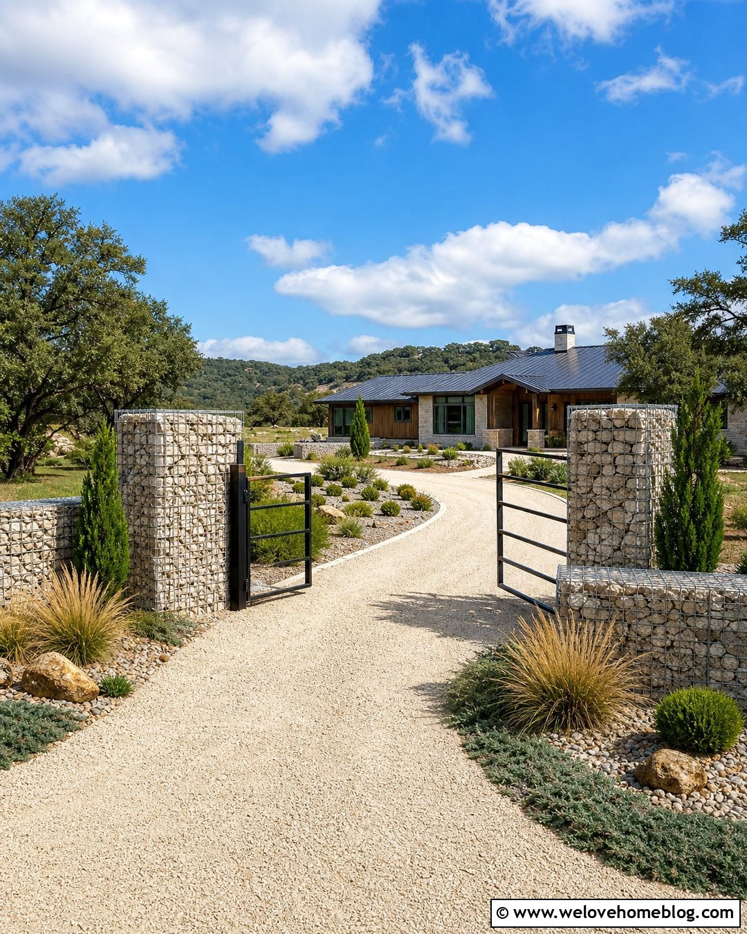 Rural Driveway Entrance With Gabion Pillars - 25 Rural Driveway Entrance Ideas