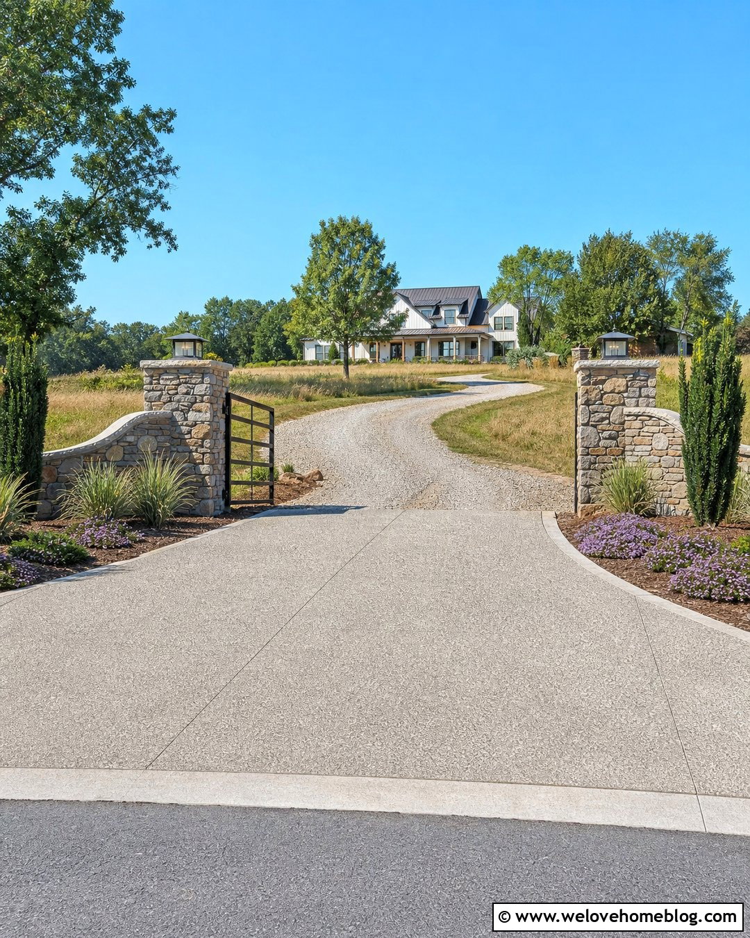 Rural Driveway Entrance With Solar Pillar Lights - 25 Rural Driveway Entrance Ideas