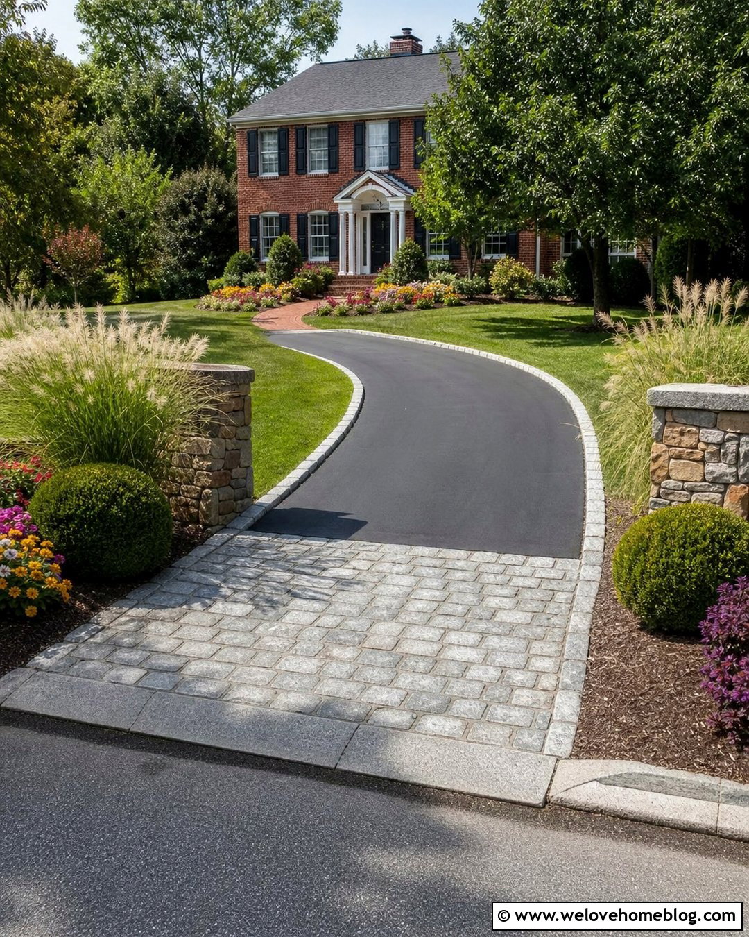 Rustic Asphalt Driveway Entrance With Cobblestone Edging - 40 Rustic Driveway Entrance Ideas