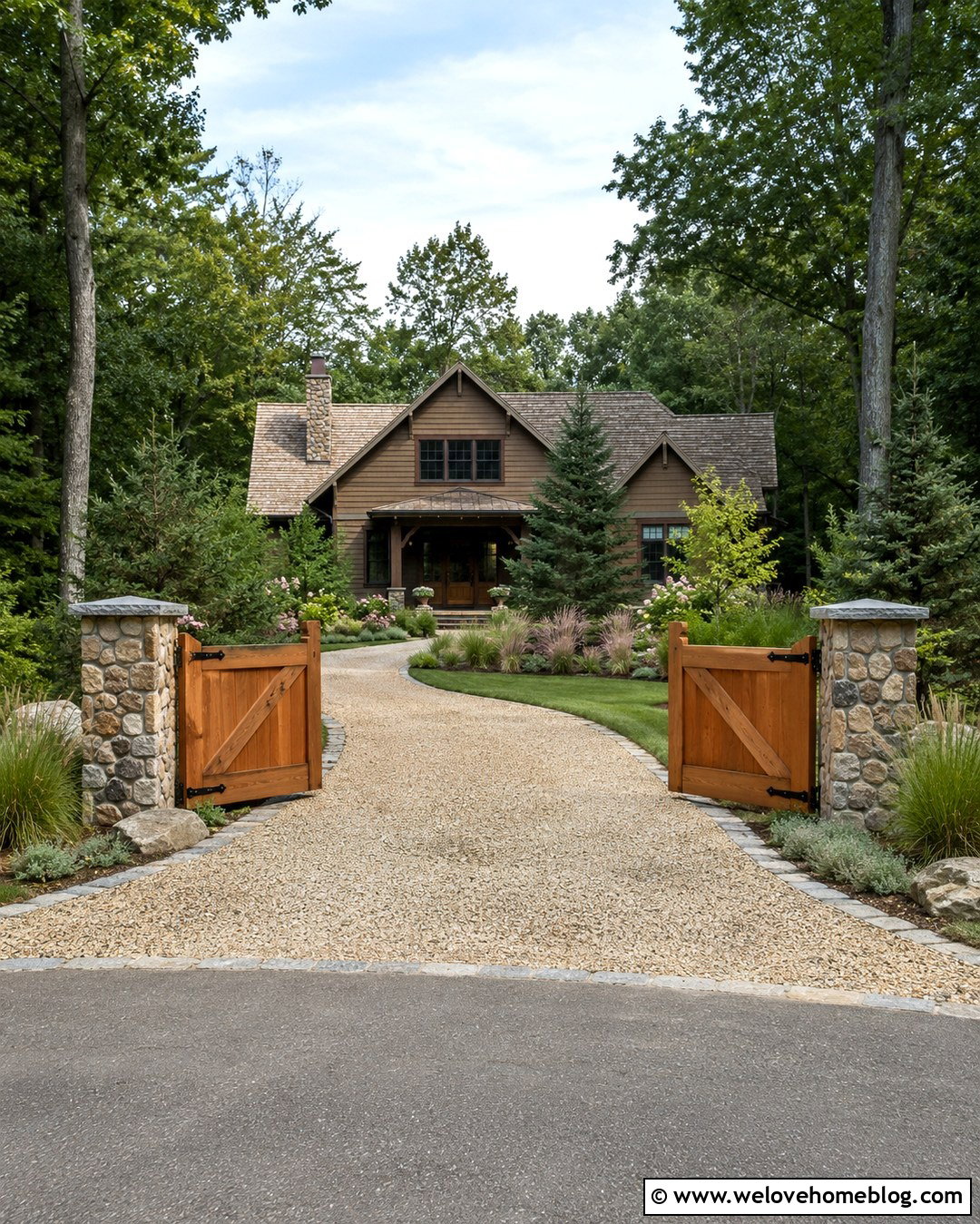 Rustic Cedar Driveway Gate With Stone Pillars - 20 rustic driveway gate ideas