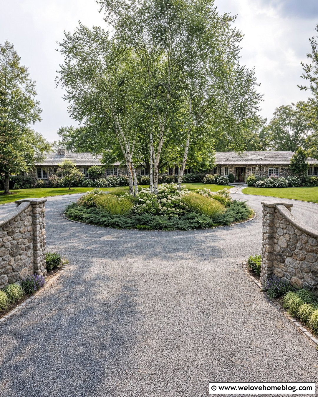 Rustic Circular Driveway Entrance With Fieldstone Walls - 40 Rustic Driveway Entrance Ideas