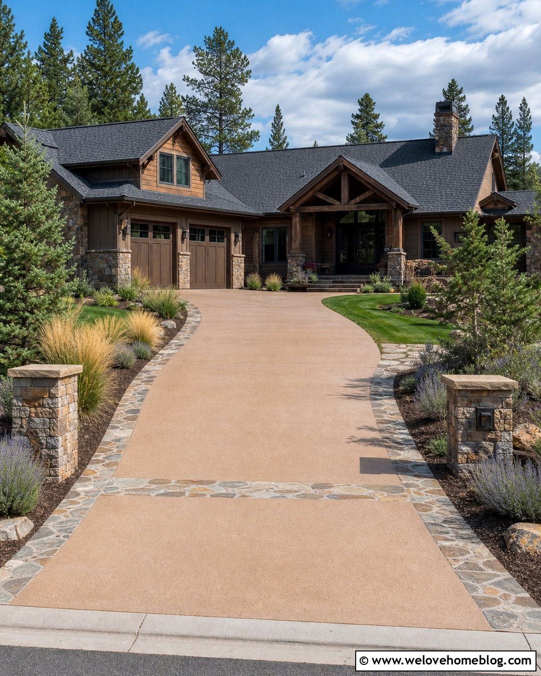 Rustic Concrete Driveway Entrance With Stone Bands - 40 Rustic Driveway Entrance Ideas