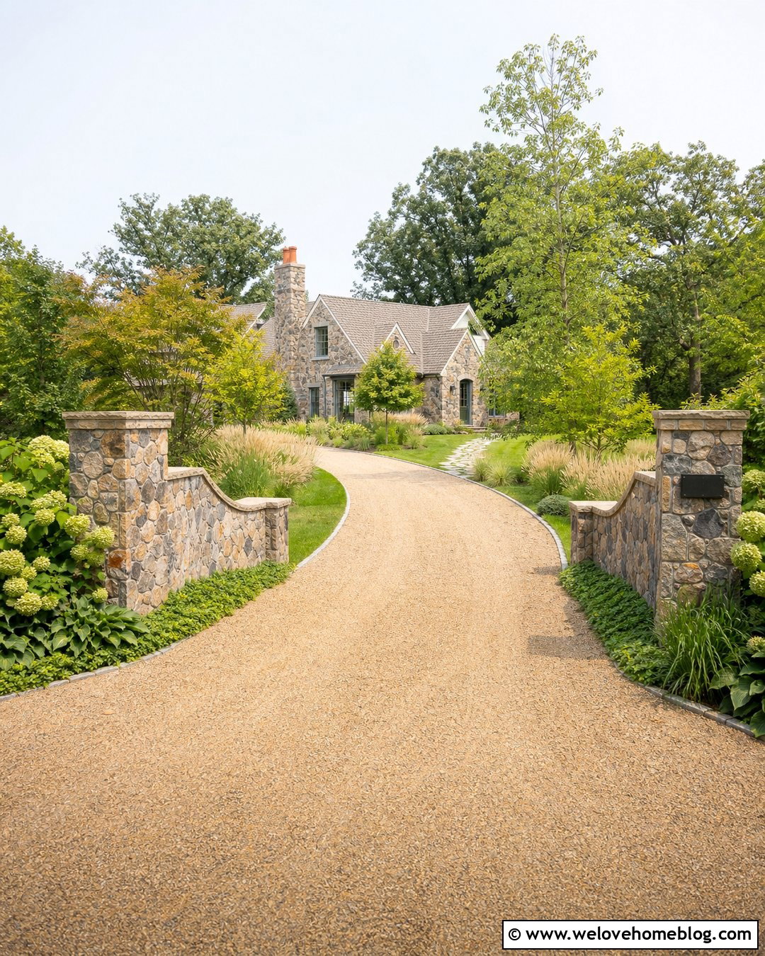 Rustic Driveway Entrance With A Curved Stone Wall - 40 Rustic Driveway Entrance Ideas