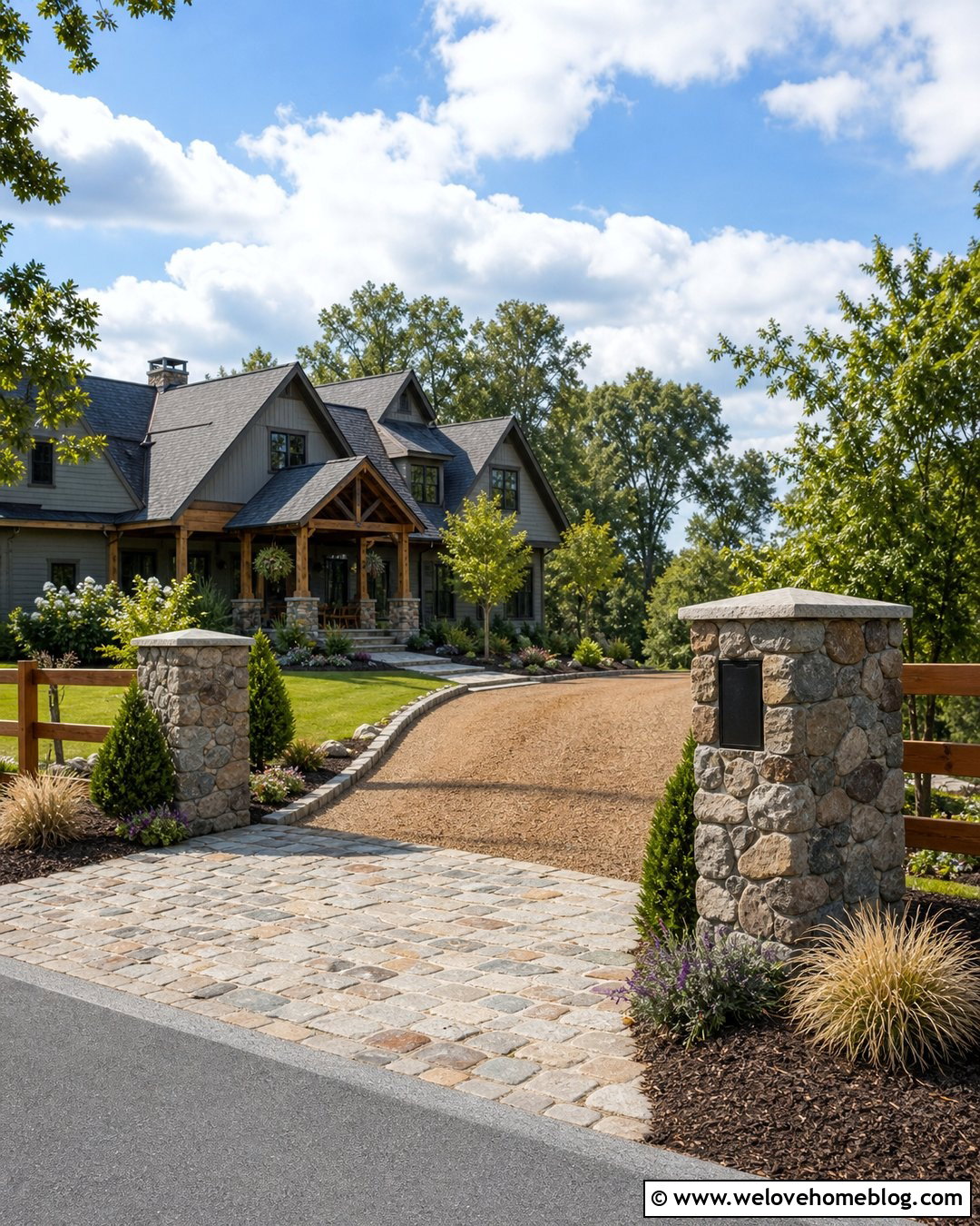 Rustic Driveway Entrance With A Mailbox Pillar - 40 Rustic Driveway Entrance Ideas