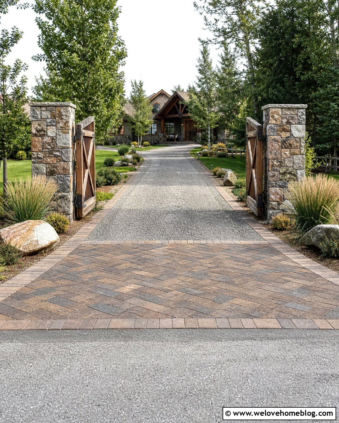 Rustic Driveway Entrance With A Paver Apron - 40 Rustic Driveway Entrance Ideas