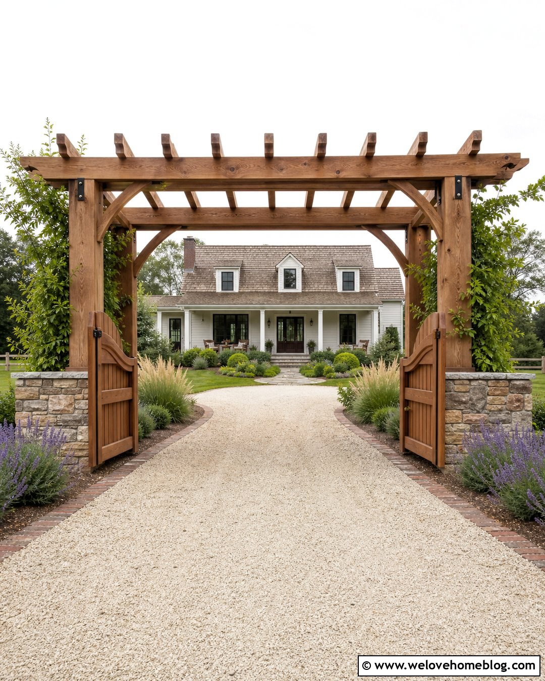 Rustic Driveway Entrance With A Pergola Gate - 40 Rustic Driveway Entrance Ideas