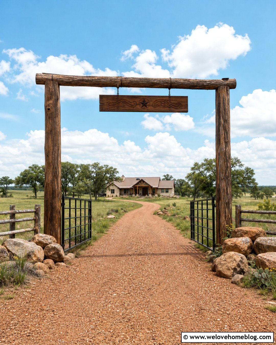 Rustic Driveway Entrance With A Ranch Sign - 40 Rustic Driveway Entrance Ideas