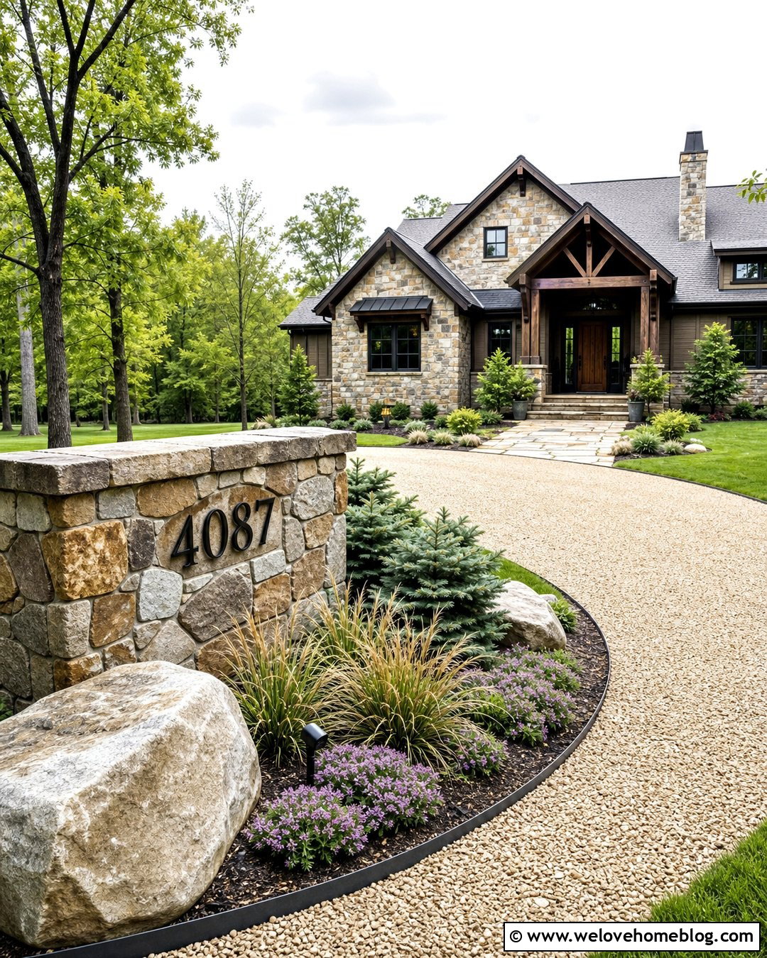 Rustic Driveway Entrance With A Stone Address Sign - 40 Rustic Driveway Entrance Ideas