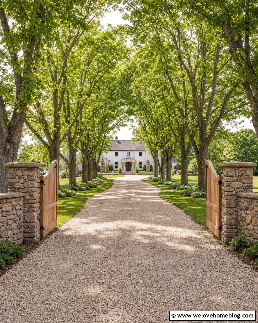 Rustic Driveway Entrance With A Tree Lined Approach - 40 Rustic Driveway Entrance Ideas