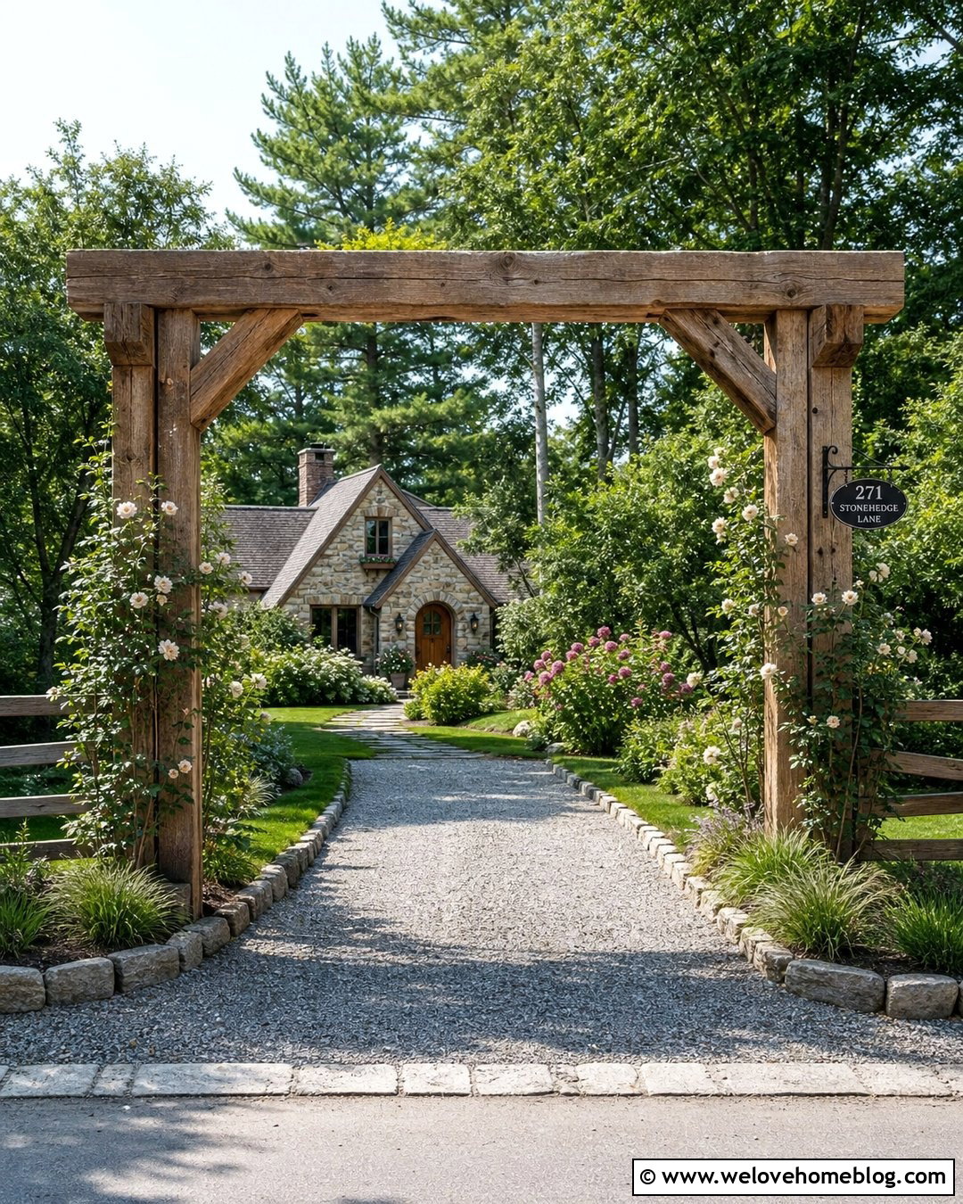 Rustic Driveway Entrance With A Wooden Arbor - 40 Rustic Driveway Entrance Ideas