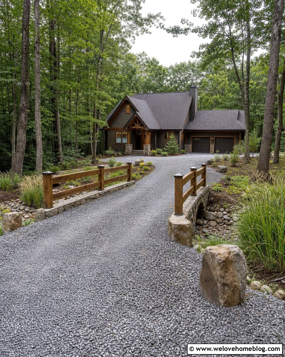 Rustic Driveway Entrance With A Wooden Bridge - 40 Rustic Driveway Entrance Ideas