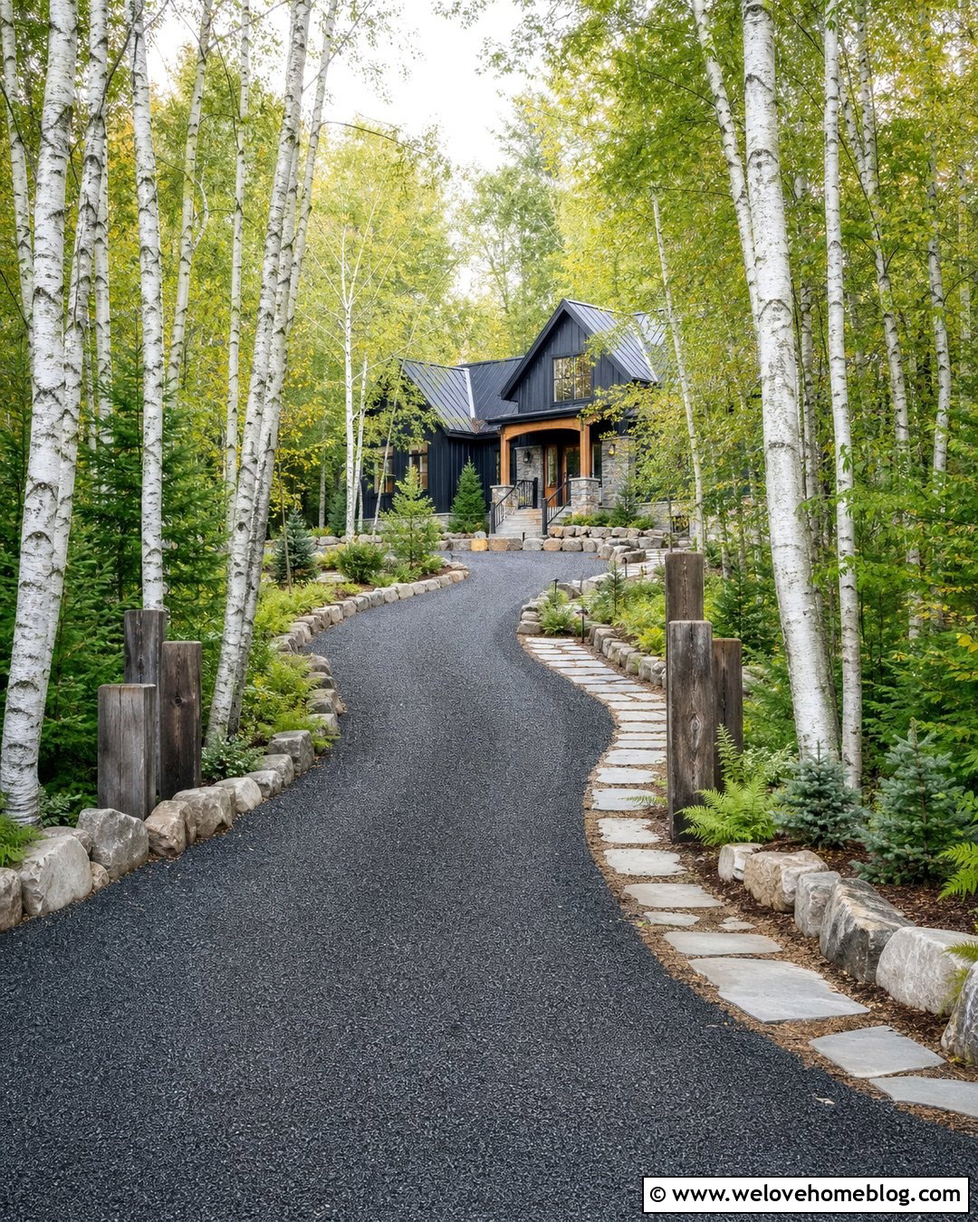 Rustic Driveway Entrance With Birch Trees - 40 Rustic Driveway Entrance Ideas