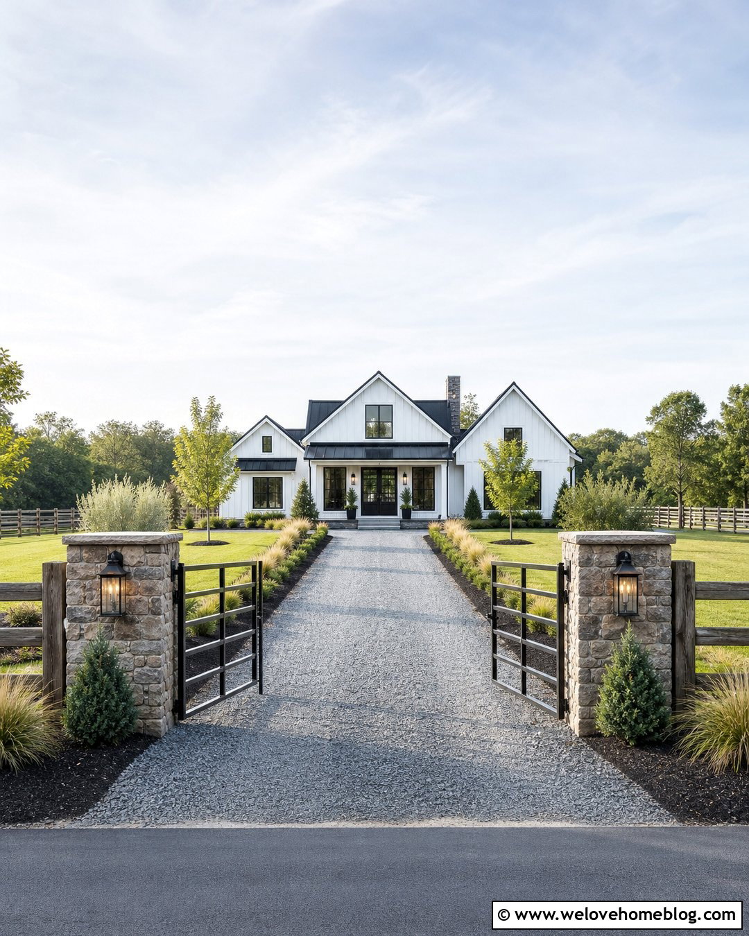 Rustic Driveway Entrance With Black Farm Gates - 40 Rustic Driveway Entrance Ideas