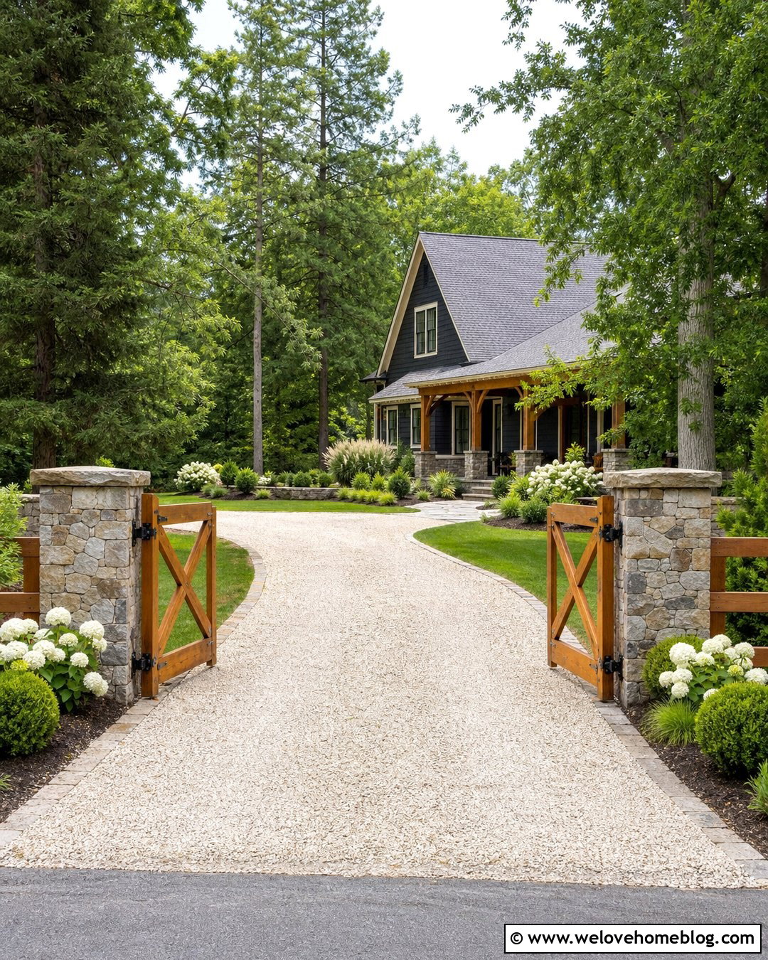 Rustic Driveway Entrance With Cedar Double Gates - 40 Rustic Driveway Entrance Ideas