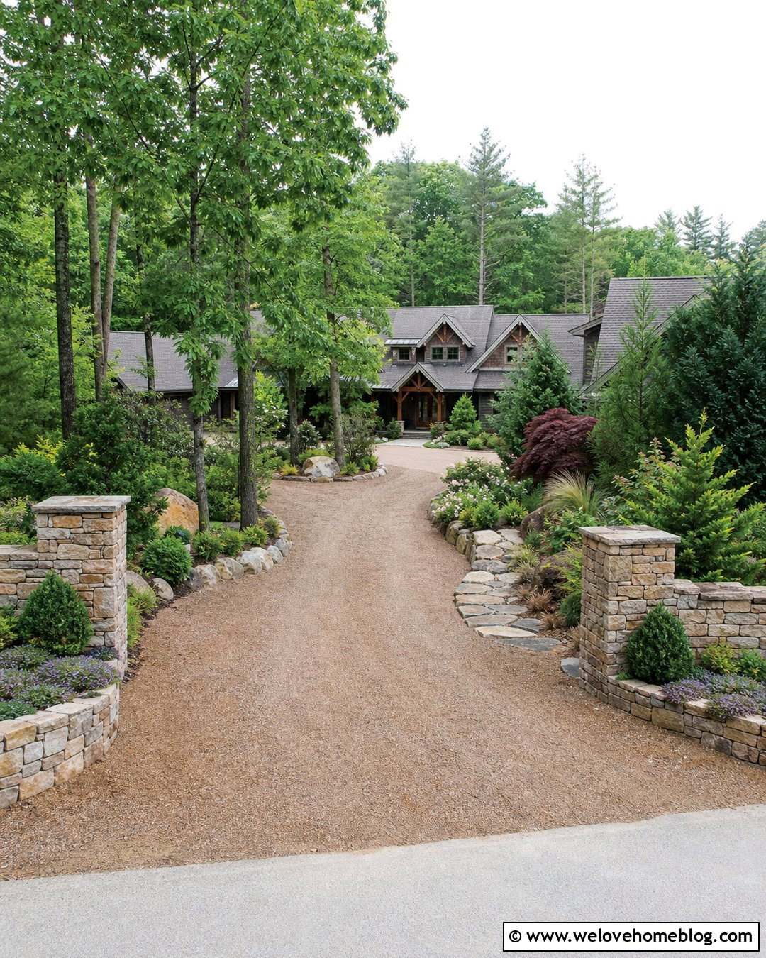 Rustic Driveway Entrance With Dry Stack Stone Walls - 40 Rustic Driveway Entrance Ideas