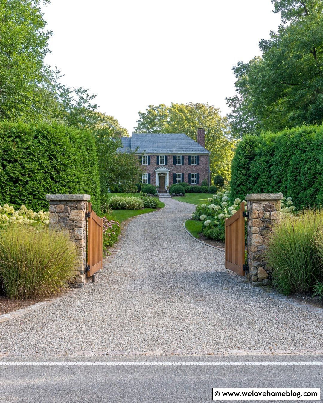 Rustic Driveway Entrance With Evergreen Hedges - 40 Rustic Driveway Entrance Ideas