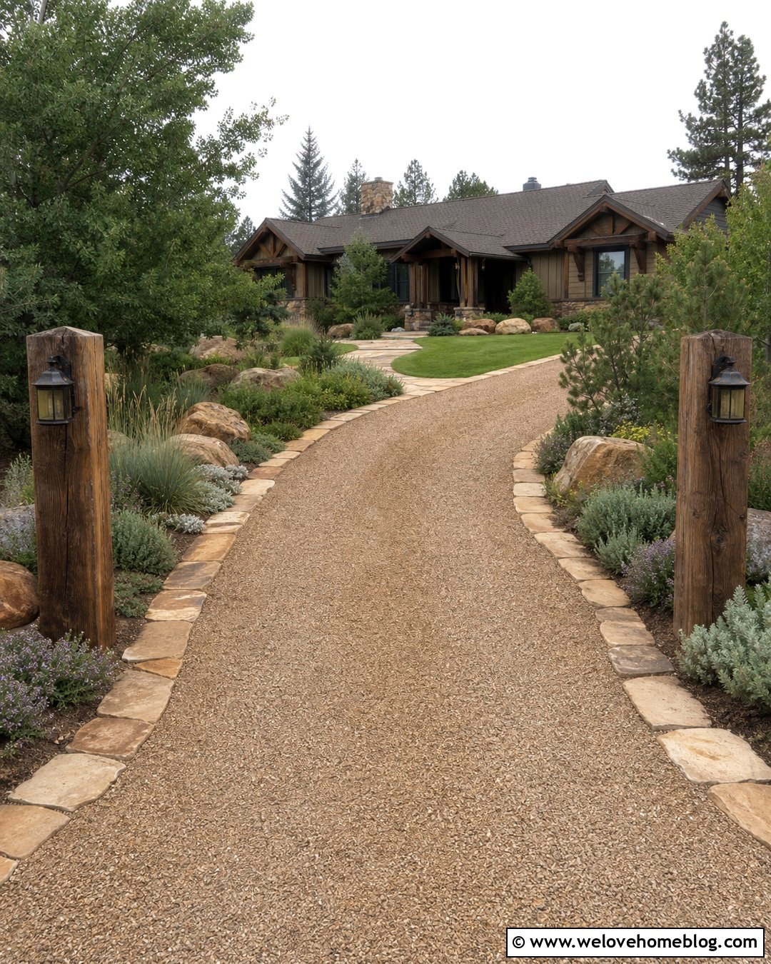 Rustic Driveway Entrance With Flagstone Borders - 40 Rustic Driveway Entrance Ideas