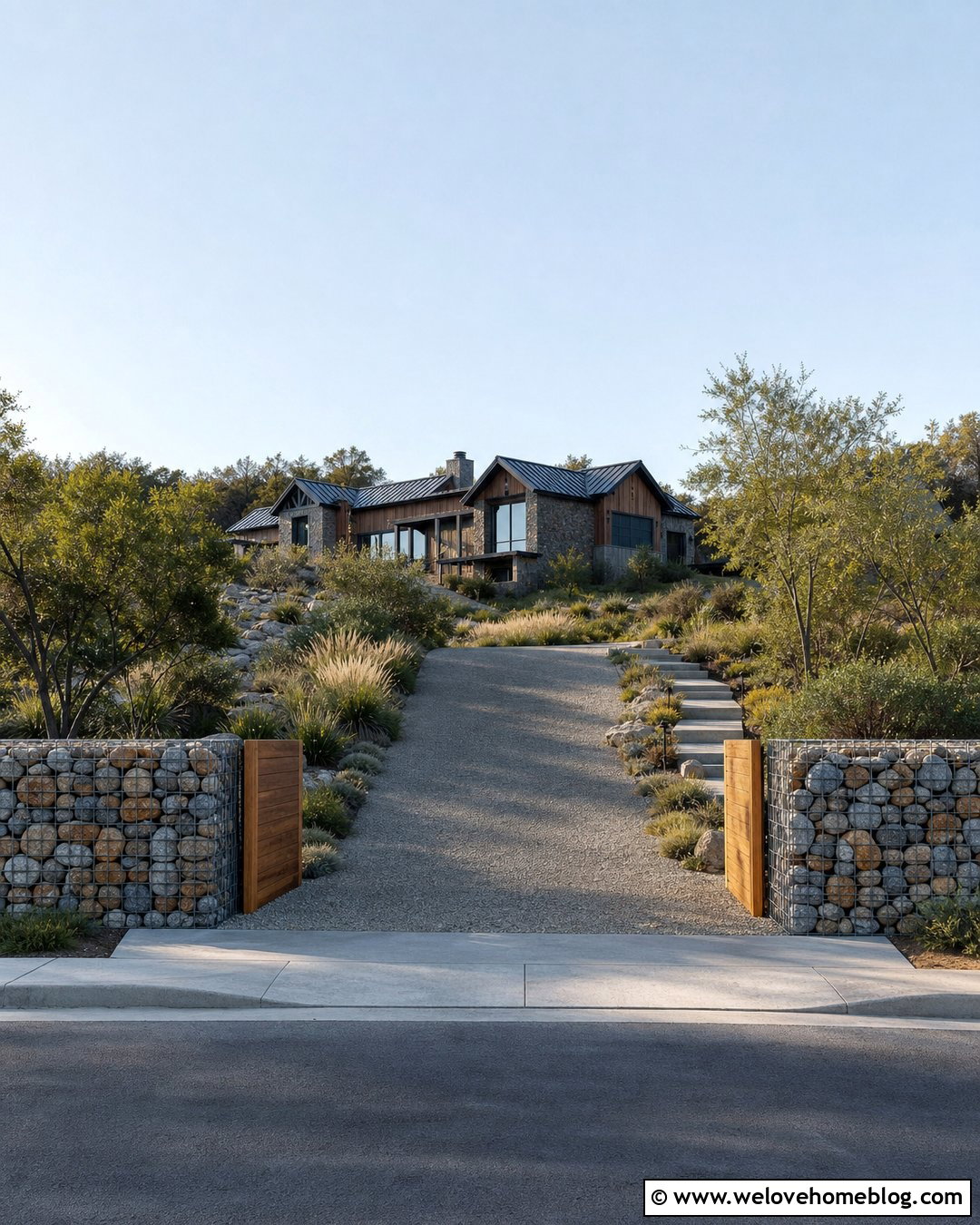 Rustic Driveway Entrance With Gabion Walls - 40 Rustic Driveway Entrance Ideas