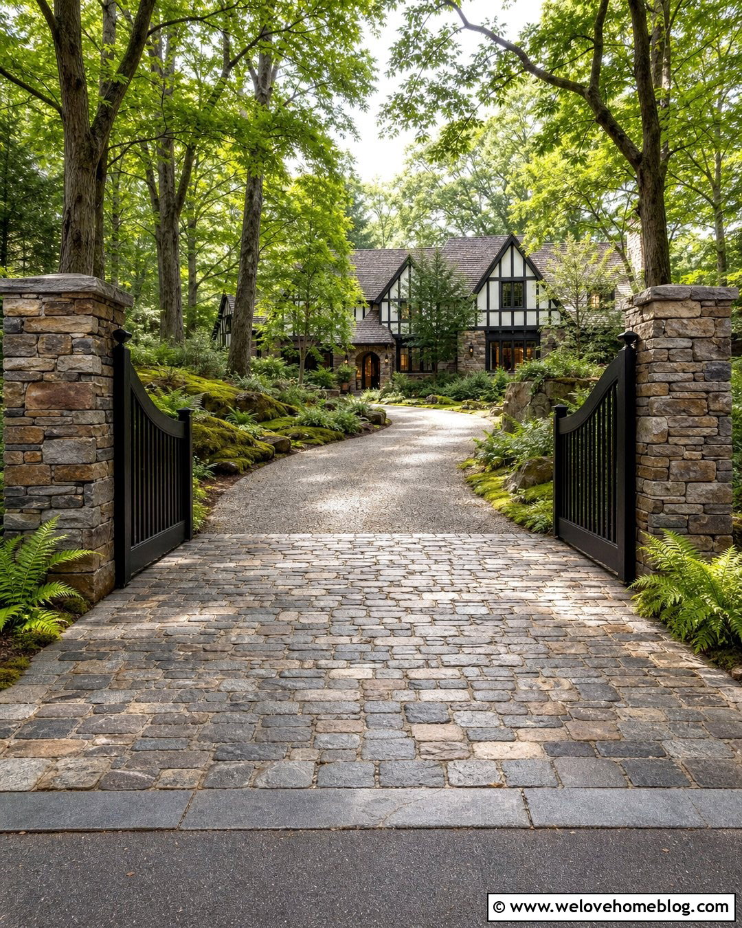 Rustic Driveway Entrance With Granite Cobblestones - 40 Rustic Driveway Entrance Ideas
