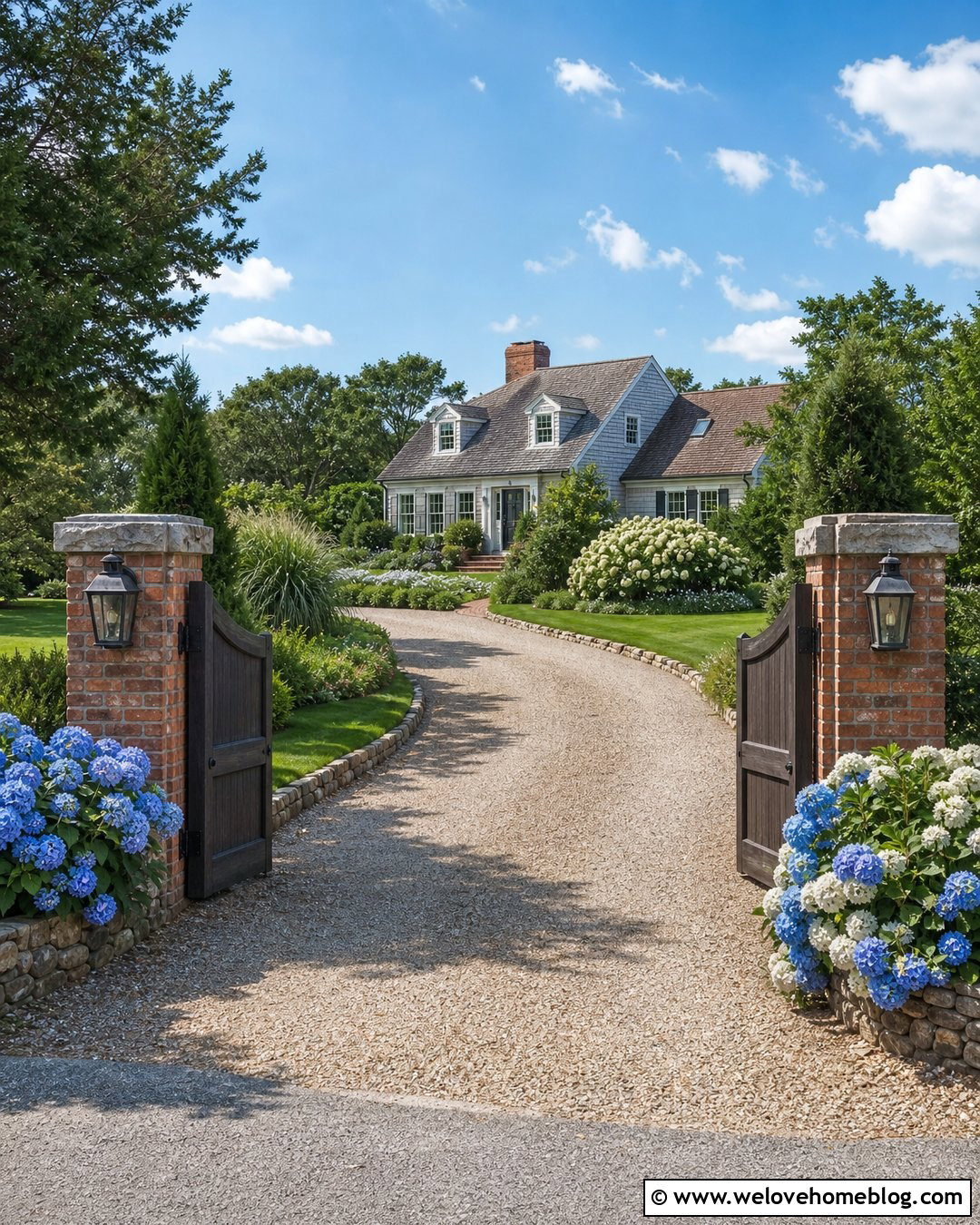 Rustic Driveway Entrance With Hydrangea Borders - 40 Rustic Driveway Entrance Ideas