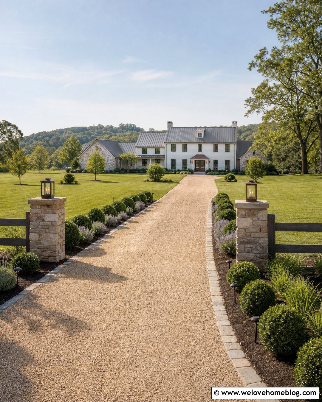Rustic Driveway Entrance With Lantern Pillars - 40 Rustic Driveway Entrance Ideas