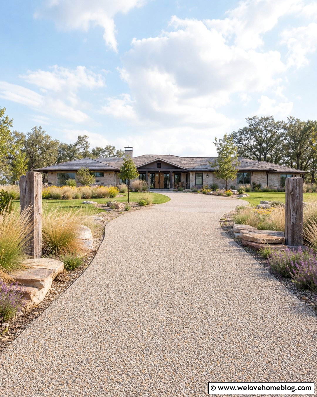 Rustic Driveway Entrance With Native Grasses - 40 Rustic Driveway Entrance Ideas