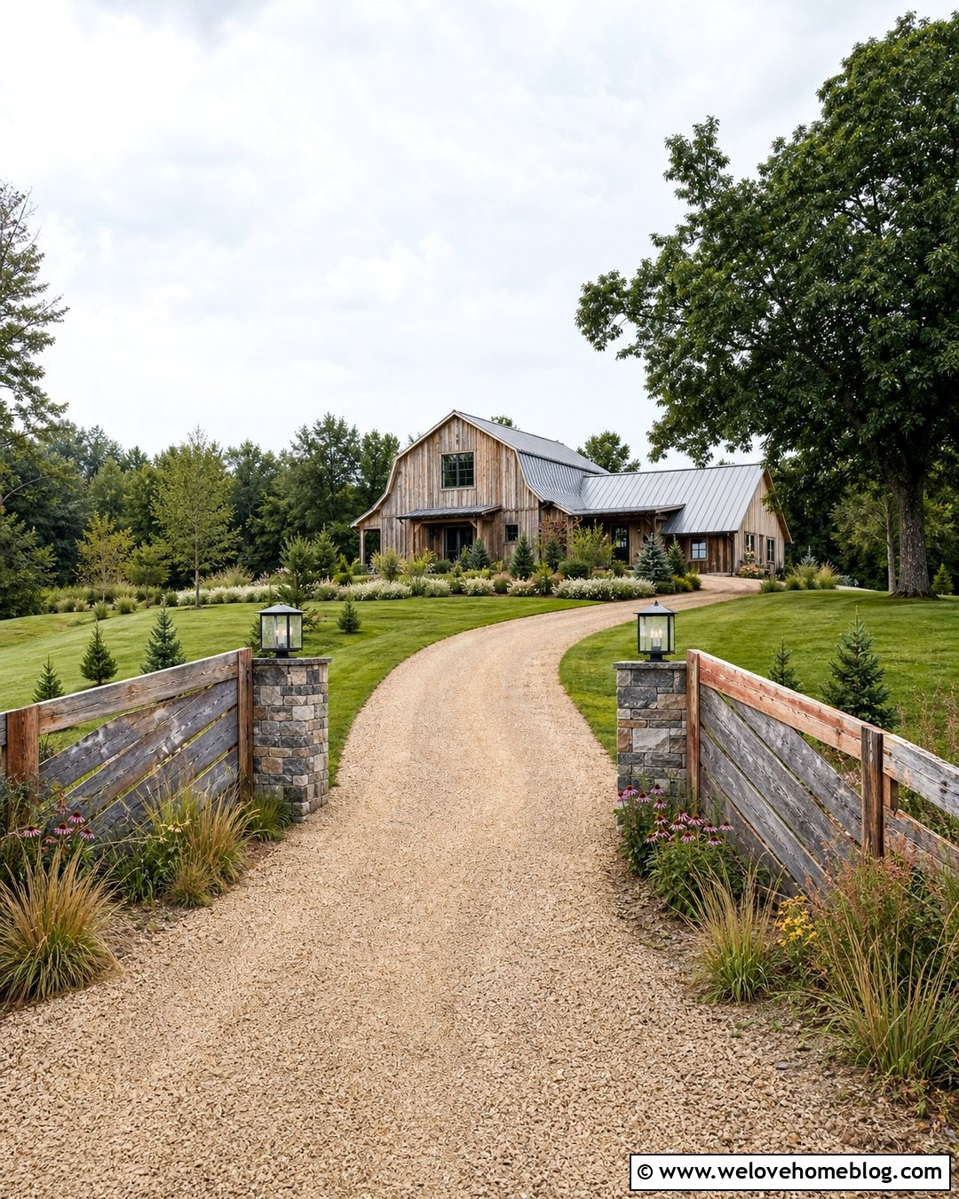 Rustic Driveway Entrance With Reclaimed Wood Fencing - 40 Rustic Driveway Entrance Ideas