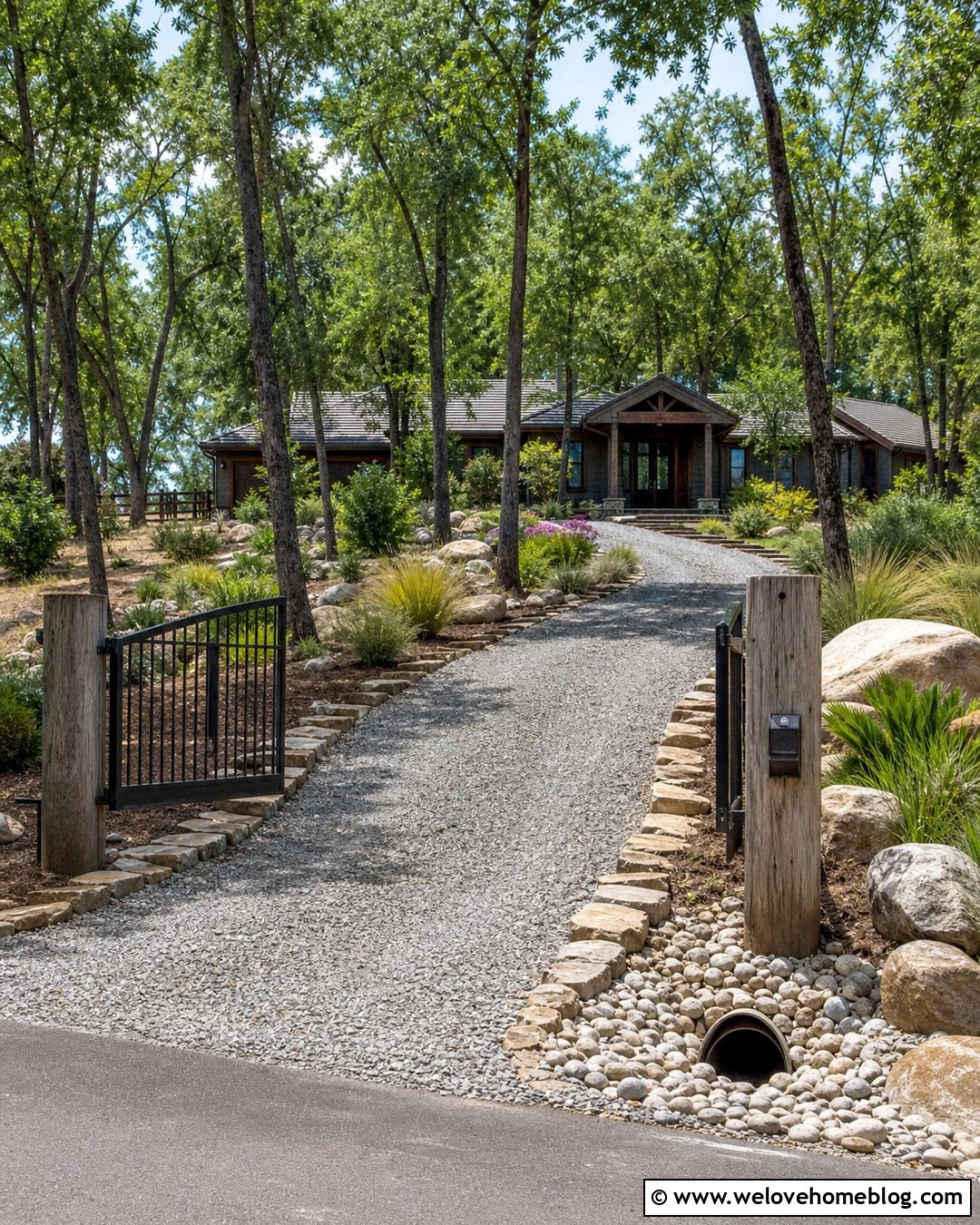 Rustic Driveway Entrance With River Rock Landscaping - 40 Rustic Driveway Entrance Ideas