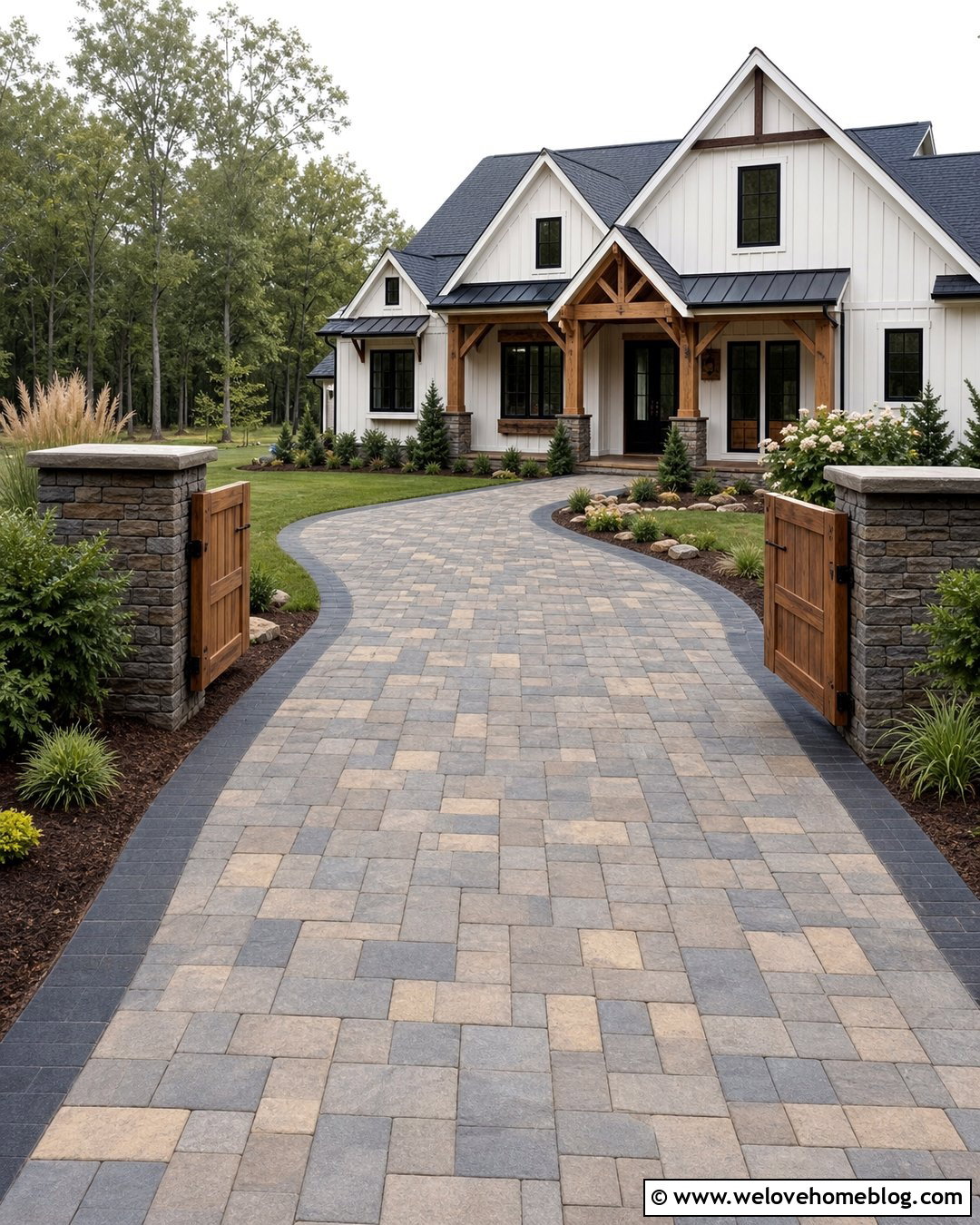 Rustic Driveway Entrance With Rustic Concrete Pavers - 40 Rustic Driveway Entrance Ideas