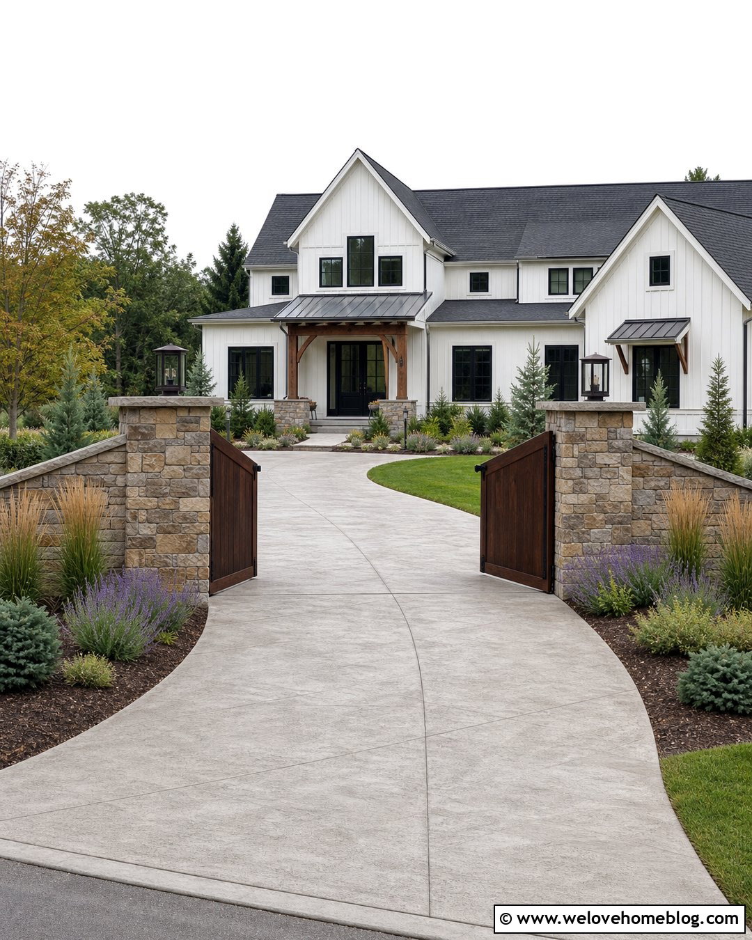 Rustic Driveway Entrance With Stone Veneer Columns - 40 Rustic Driveway Entrance Ideas