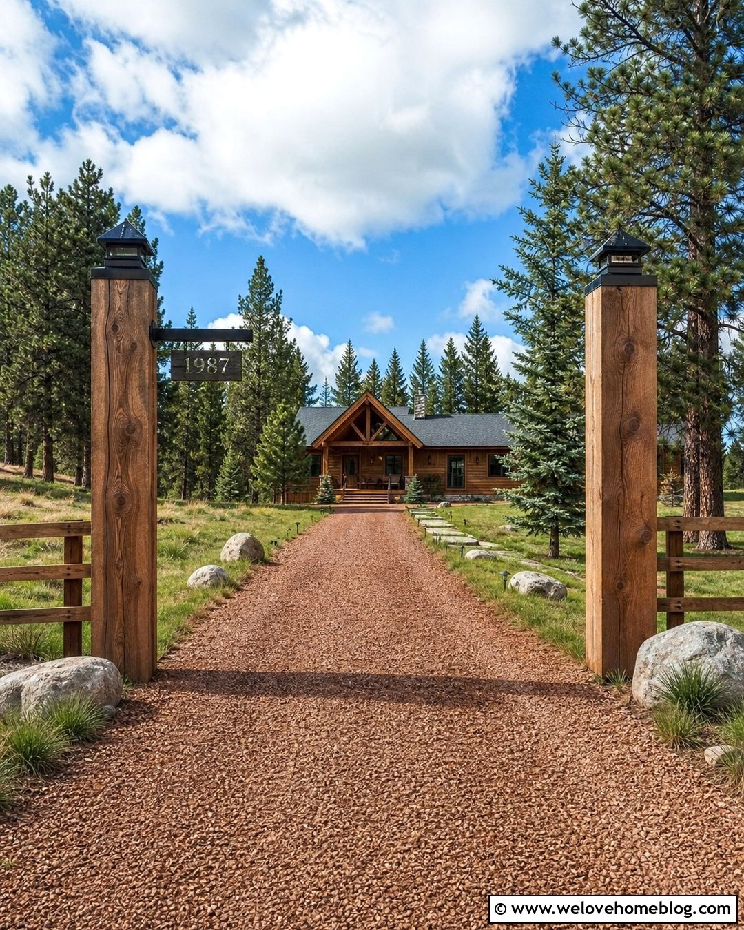Rustic Driveway Entrance With Timber Posts - 40 Rustic Driveway Entrance Ideas