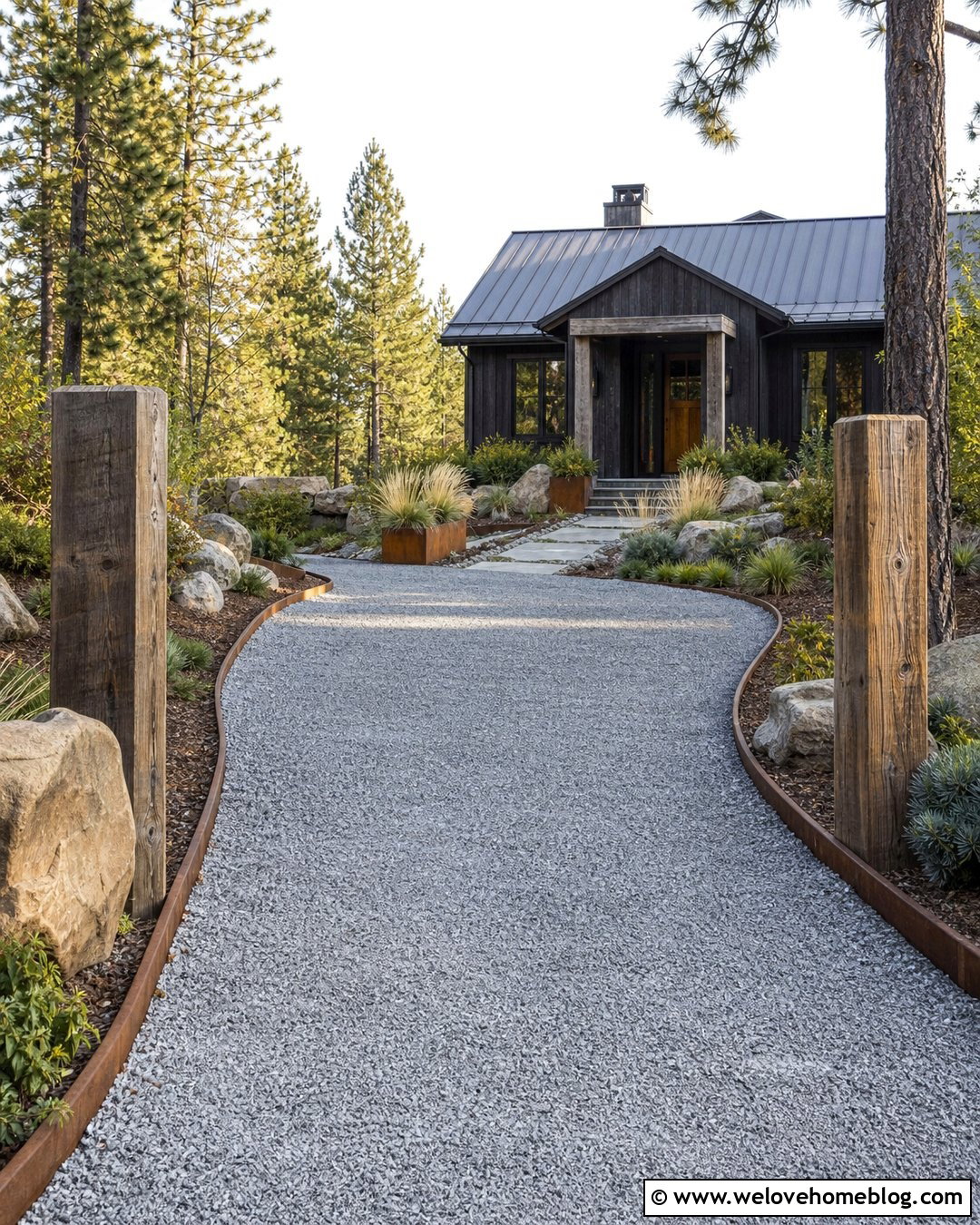 Rustic Driveway Entrance With Weathered Steel Edging - 40 Rustic Driveway Entrance Ideas