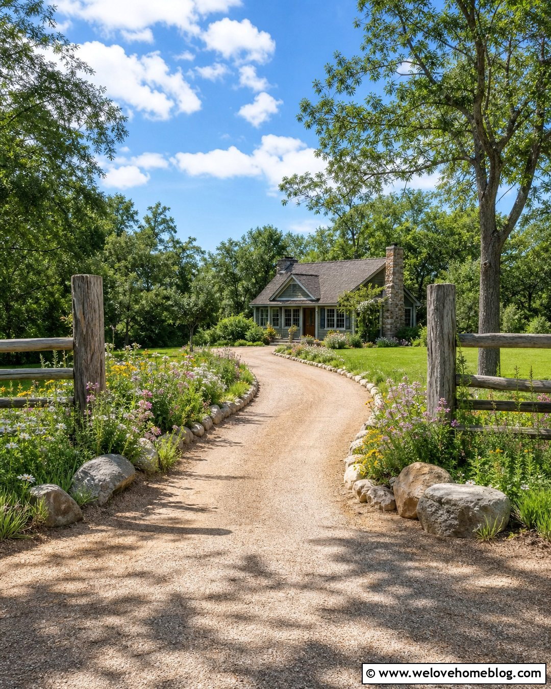 Rustic Driveway Entrance With Wildflower Borders - 40 Rustic Driveway Entrance Ideas